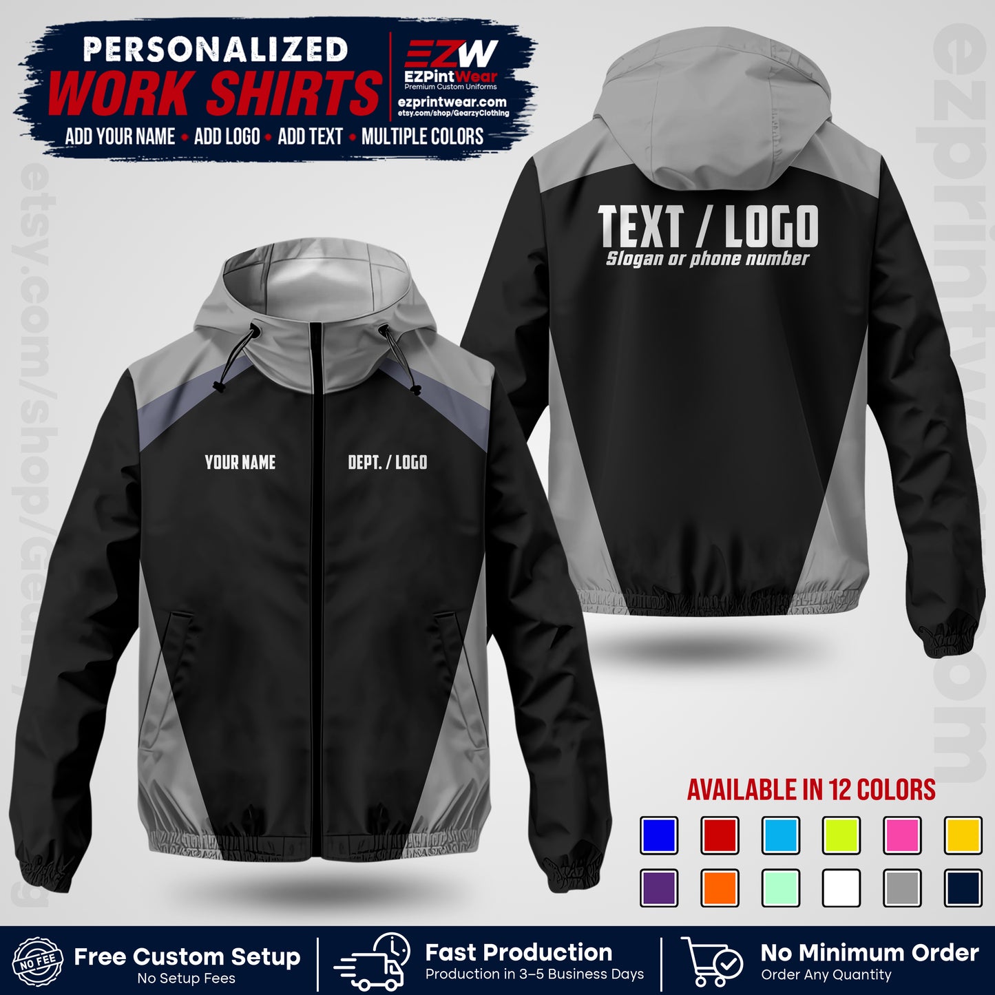 Custom Windbreaker Jacket with Name, Logo & Text, All Over Print Company Workwear, Employee Uniform WBJK03