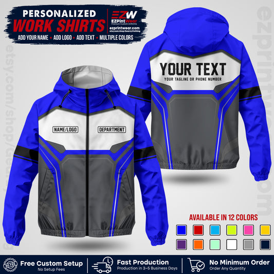 Custom Windbreaker Jacket with Name, Logo & Text, All Over Print Company Workwear, Employee Uniform WBJK06