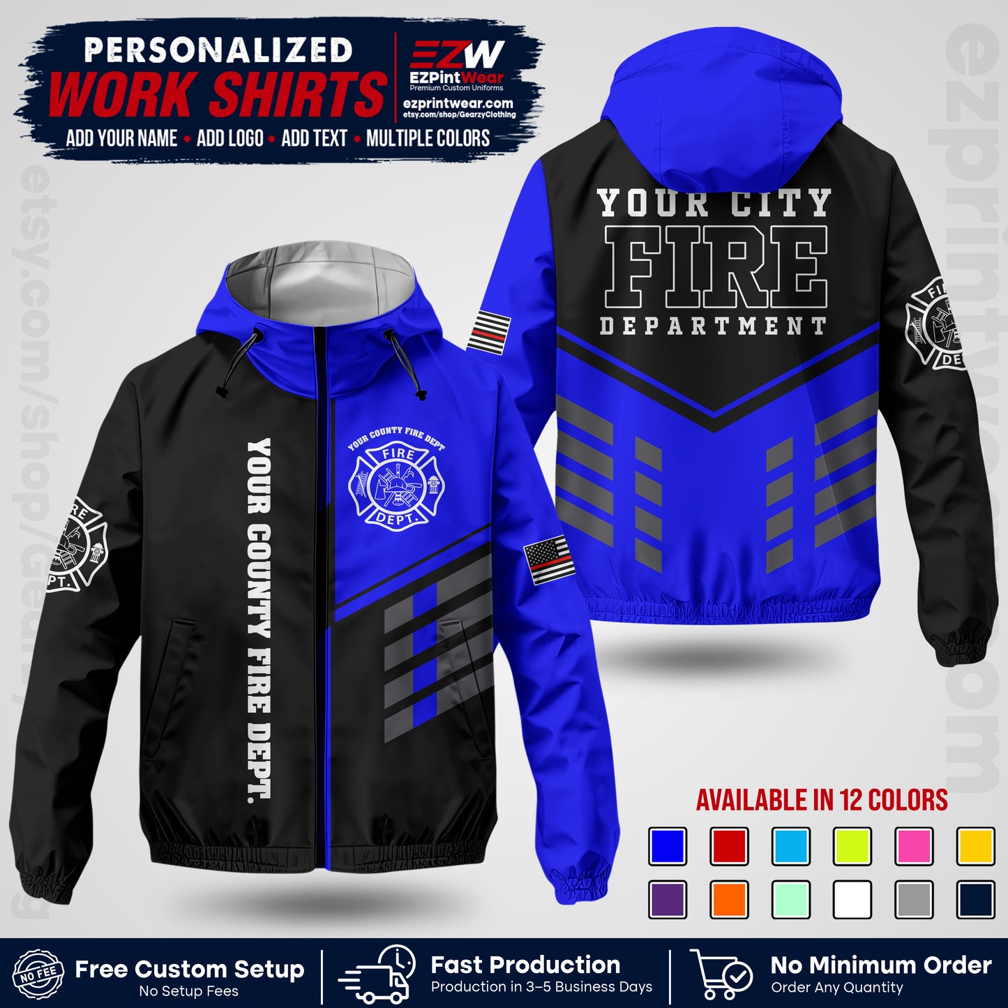 Custom Firefighter Windbreaker Jacket with Name, City Logo & Text | Fire Department Uniform | Employee Workwear FFJK03