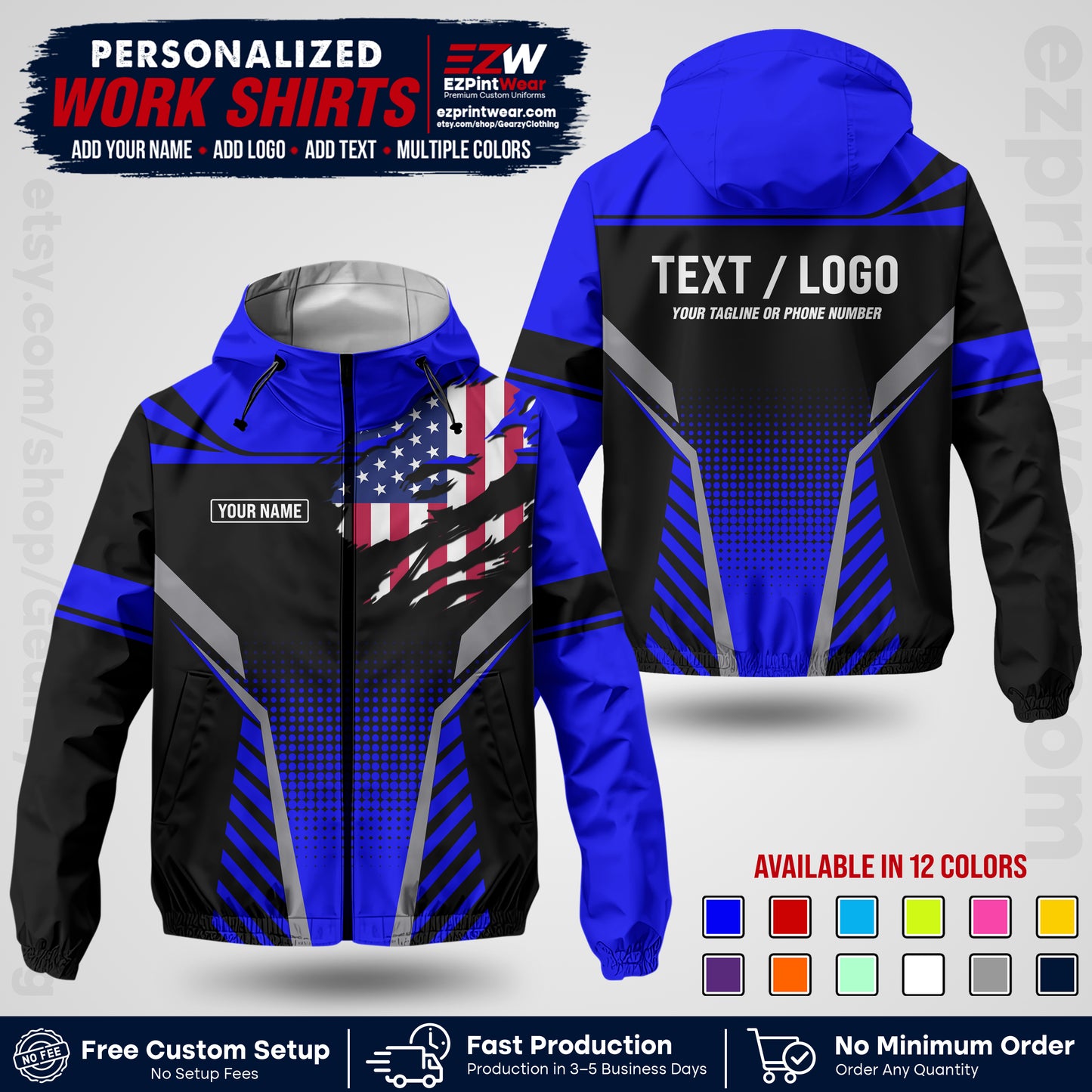 Custom Windbreaker Jacket with Name, Logo & Text, All Over Print Company Workwear, Employee Uniform WBJK07