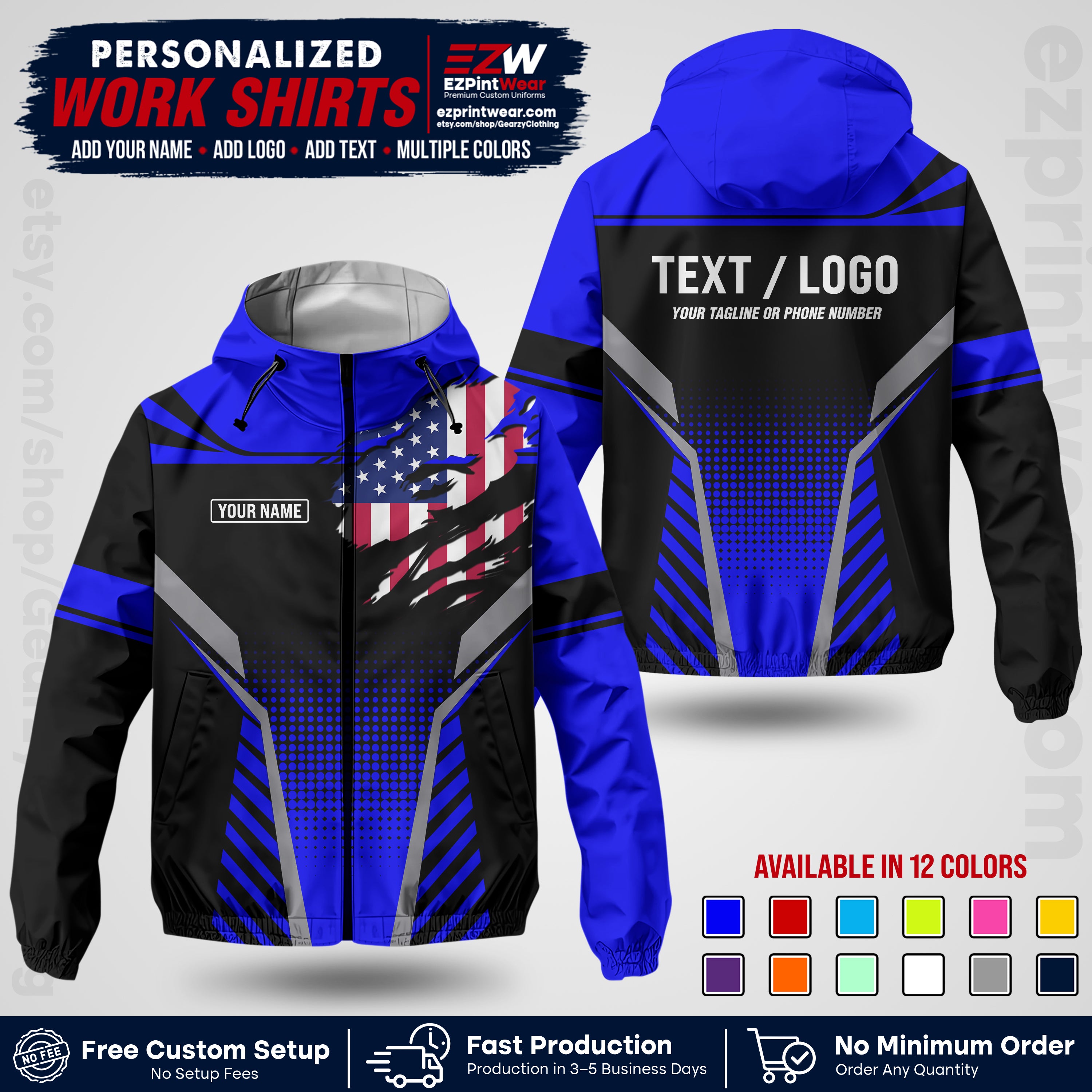 Custom Windbreaker Jacket with Name, Logo & Text, All Over Print Company Workwear, Employee Uniform WBJK07