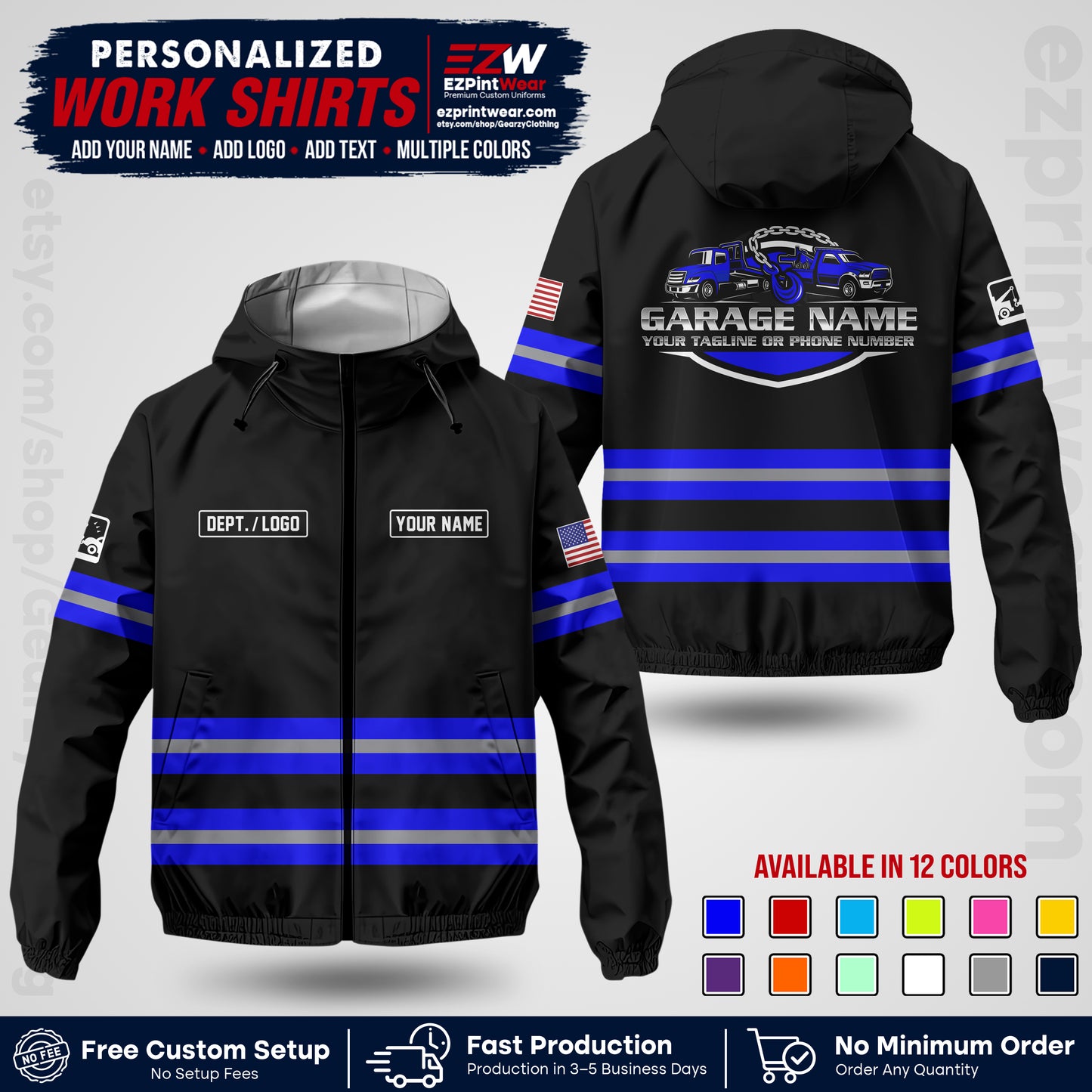 Custom Towing Windbreaker Jacket | Personalized Tow Truck Workwear | Non-Reflective Safety Stripe Jacket | Add Name Logo Text | Custom Windbreaker Jacket | Tow Truck Jacket TWJK 03