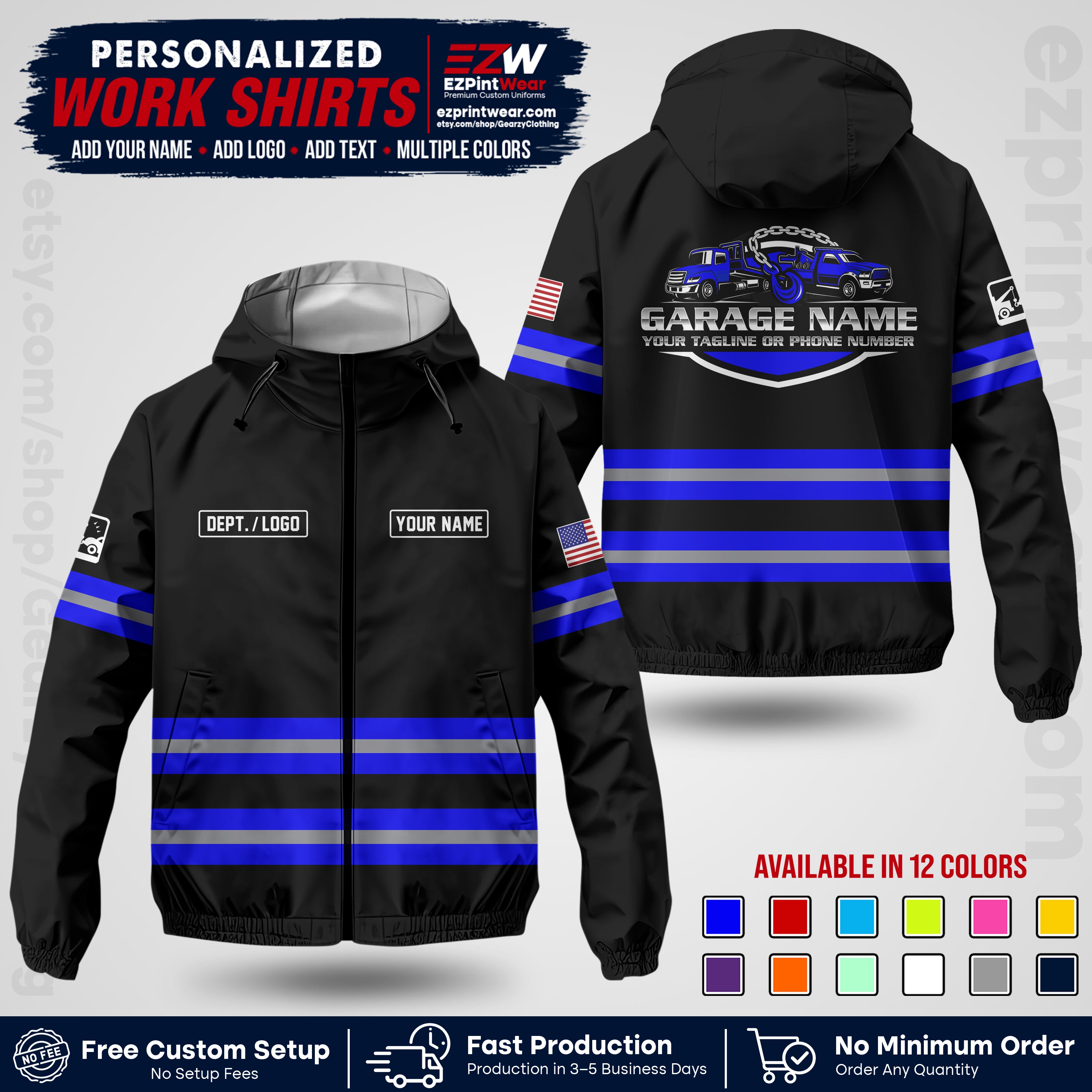 Custom Towing Windbreaker Jacket | Personalized Tow Truck Workwear | Non-Reflective Safety Stripe Jacket | Add Name Logo Text | Custom Windbreaker Jacket | Tow Truck Jacket TWJK 03