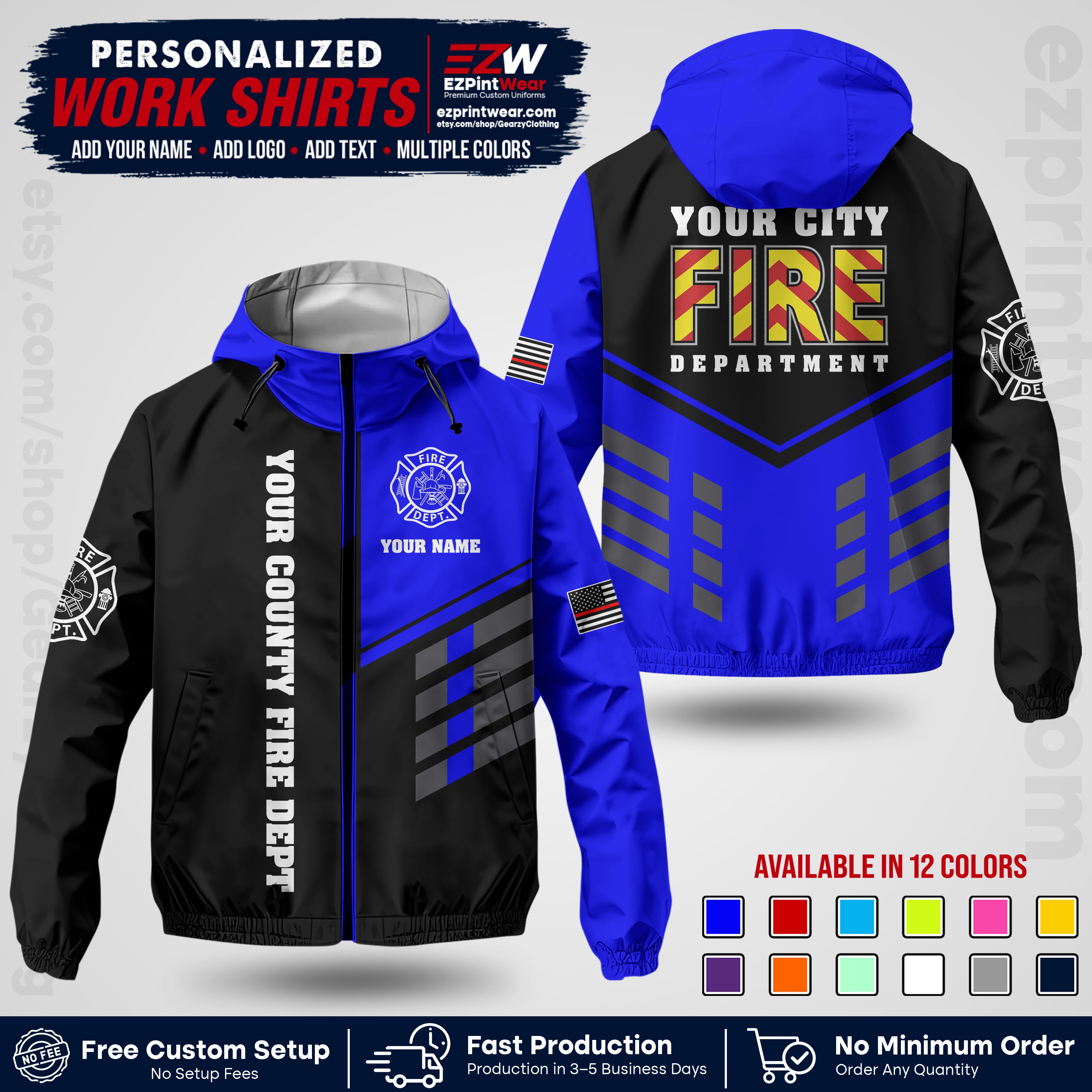 Custom Firefighter Windbreaker Jacket with Name, City Logo & Text | Fire Department Uniform | Employee Workwear FFJK06