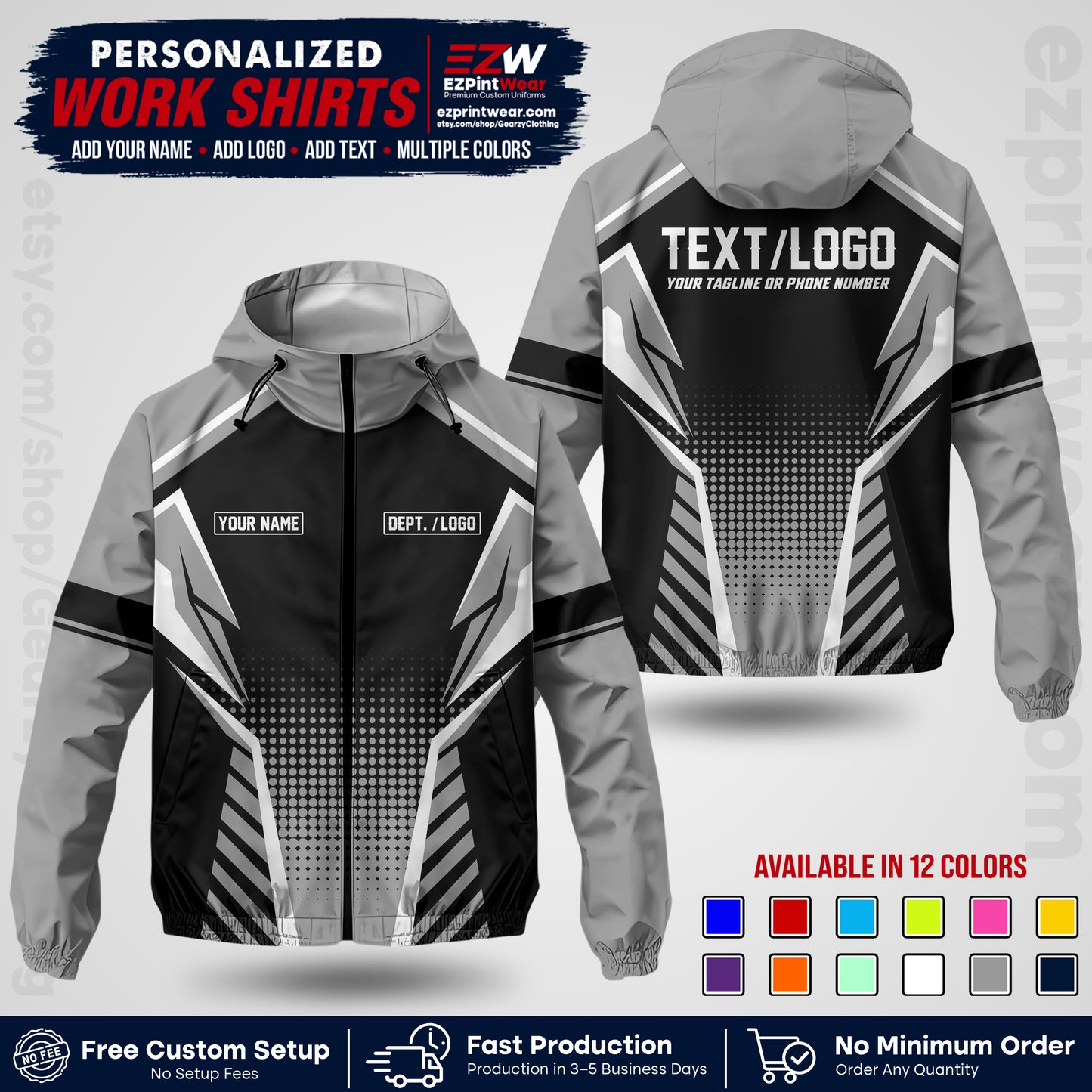 Custom Windbreaker Jacket with Name, Logo & Text, All Over Print Company Workwear, Employee Uniform WBJK13