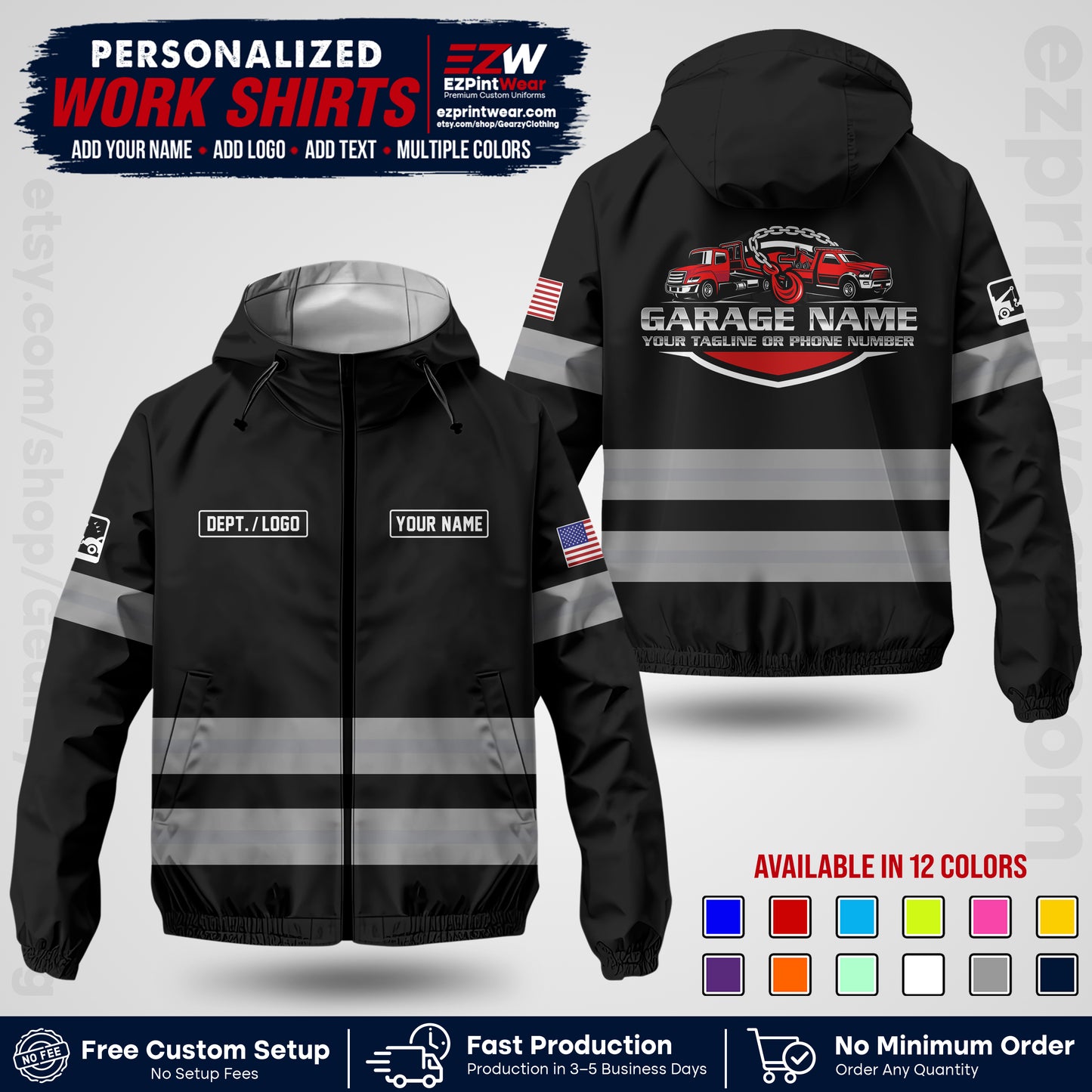Custom Towing Windbreaker Jacket | Personalized Tow Truck Workwear | Non-Reflective Safety Stripe Jacket | Add Name Logo Text | Custom Windbreaker Jacket | Tow Truck Jacket TWJK 03