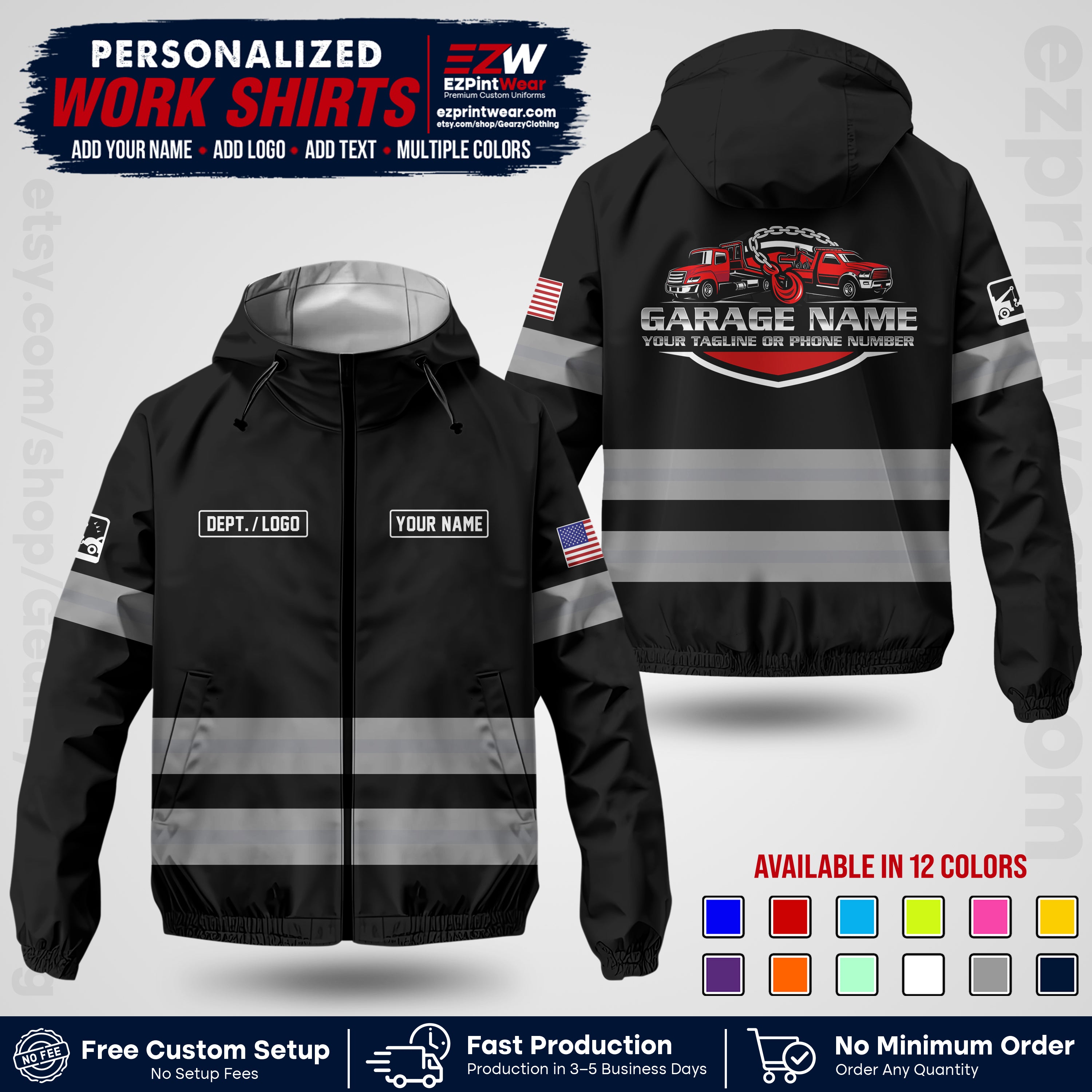 Custom Towing Windbreaker Jacket | Personalized Tow Truck Workwear | Non-Reflective Safety Stripe Jacket | Add Name Logo Text | Custom Windbreaker Jacket | Tow Truck Jacket TWJK 03