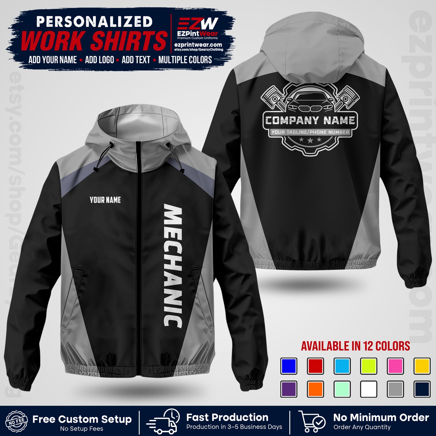 Custom Mechanic Work Shirt with Name, Logo & Text | Auto Shop Uniform | Company Workwear | Employee Uniform MCNJK02