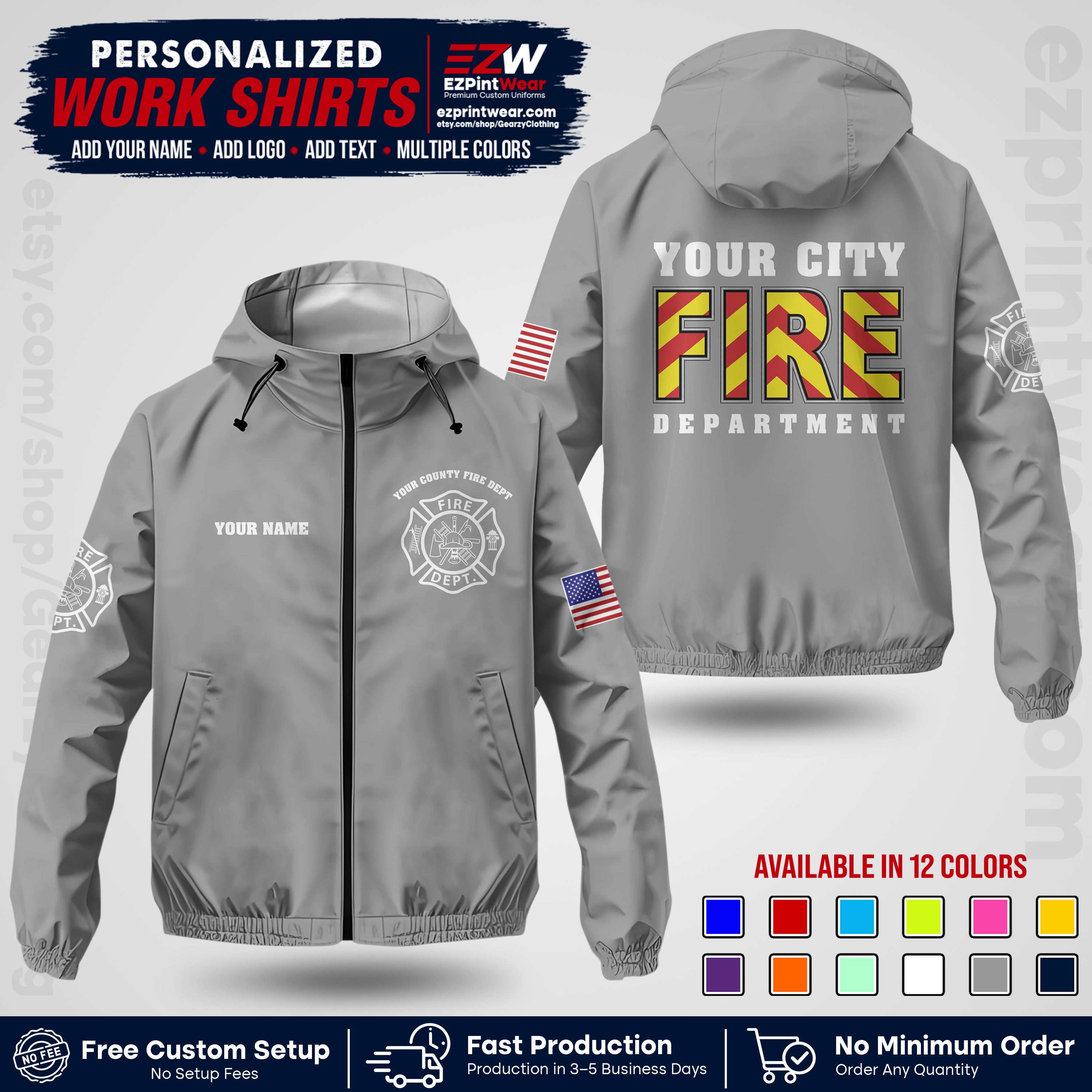 Custom Firefighter Windbreaker Jacket with Name, City Logo & Text | Fire Department Uniform | Employee Workwear FFJK05