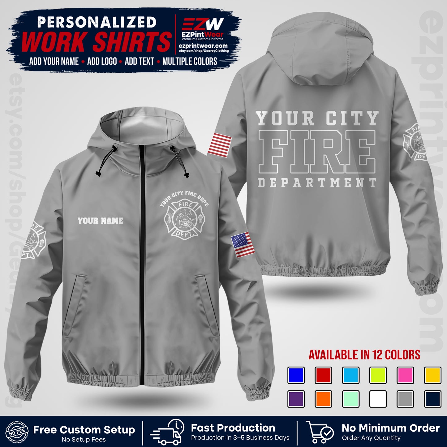 Custom Firefighter Windbreaker Jacket with Name, City Logo & Text | Fire Department Uniform | Employee Workwear FFJK01