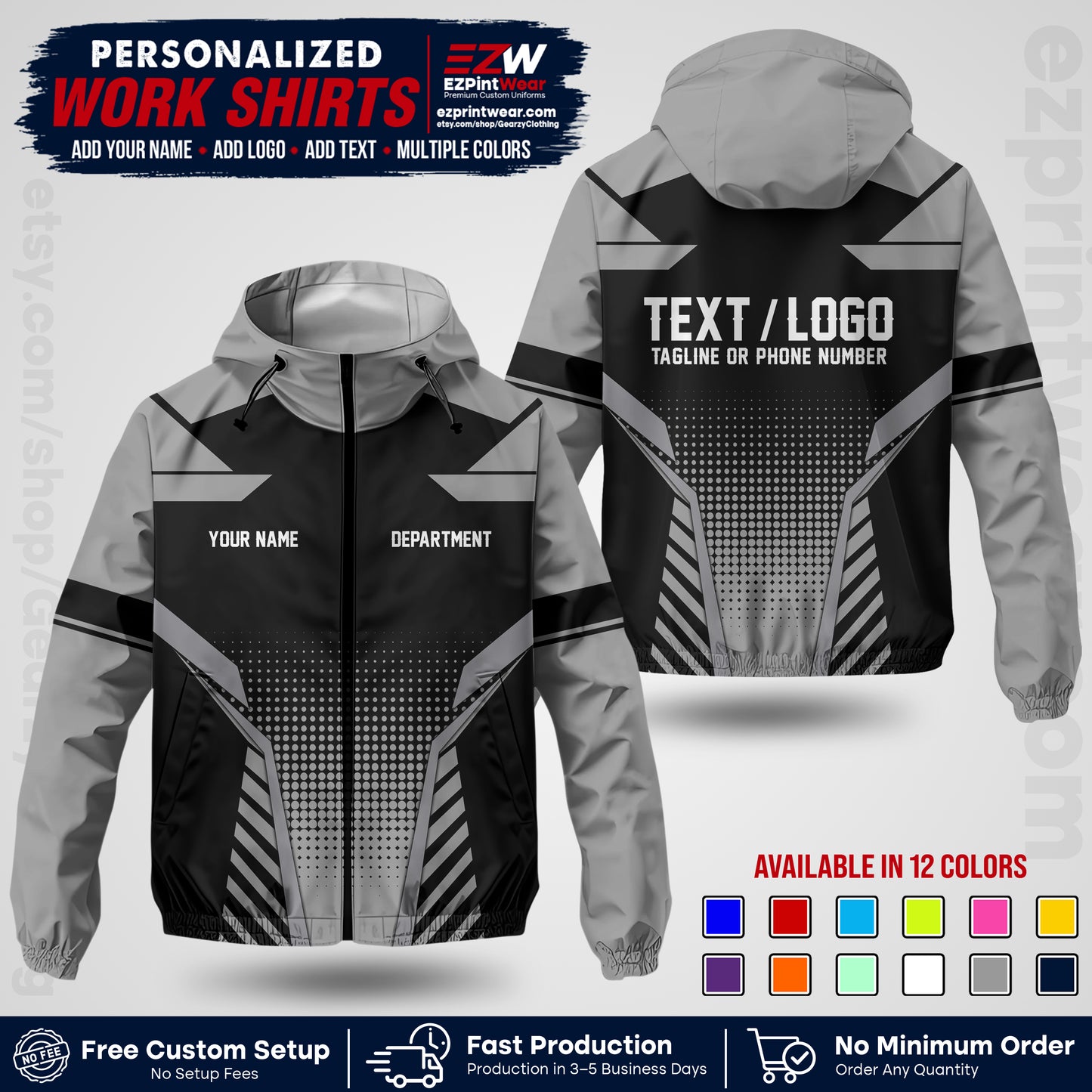 Custom Windbreaker Jacket with Name, Logo & Text, All Over Print Company Workwear, Employee Uniform WBJK01