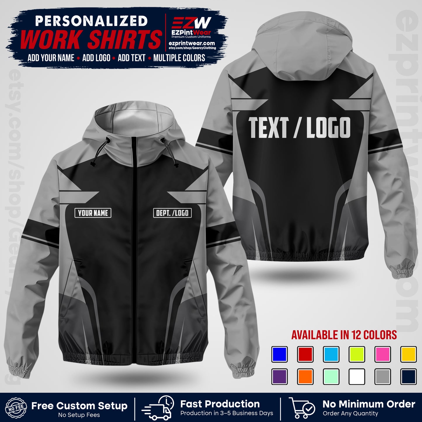 Custom Windbreaker Jacket with Name, Logo & Text, All Over Print Company Workwear, Employee Uniform WBJK02
