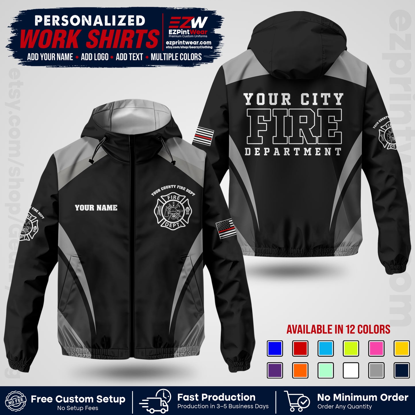 Custom Firefighter Windbreaker Jacket with Name, City Logo & Text | Fire Department Uniform | Employee Workwear FFJK02