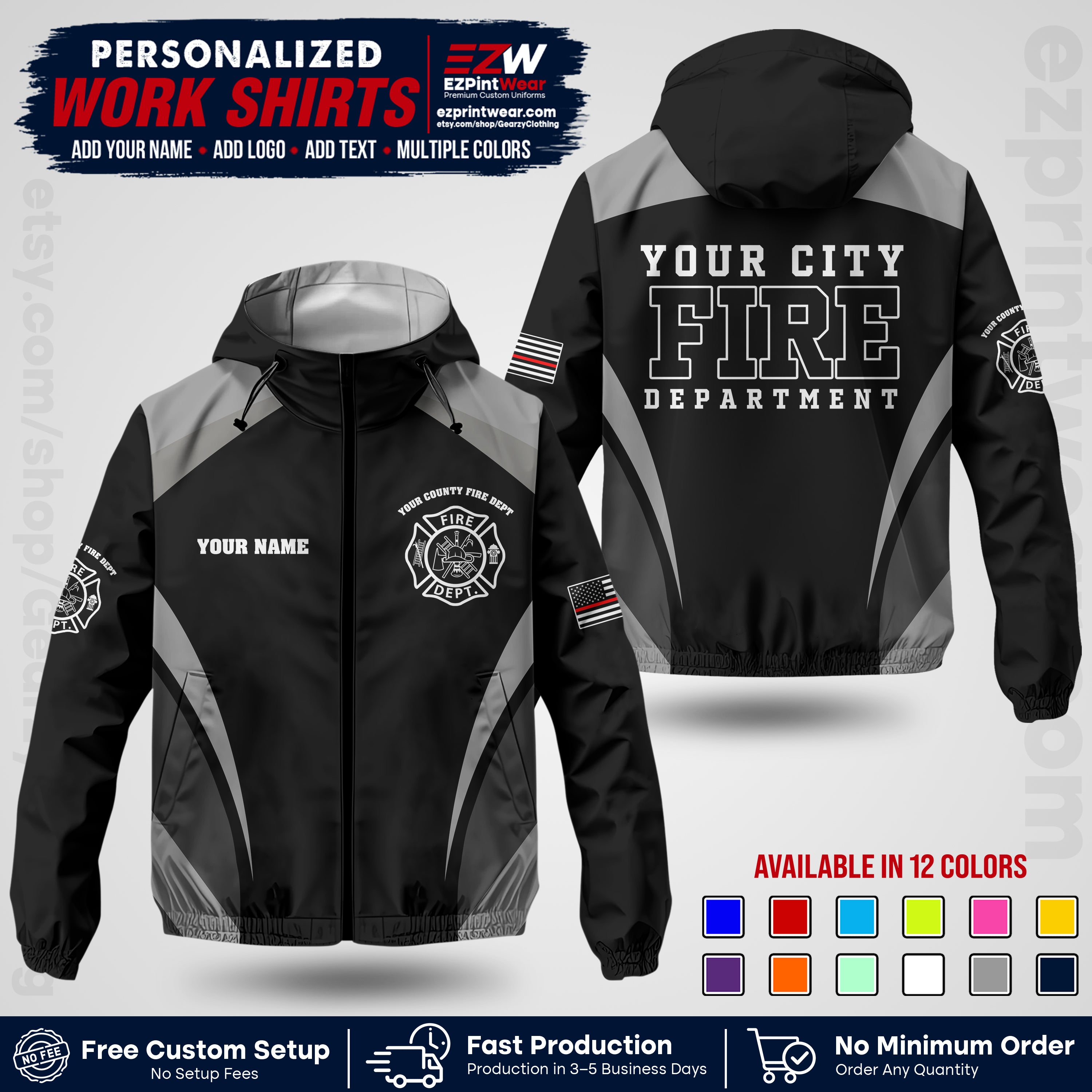 Custom Firefighter Windbreaker Jacket with Name, City Logo & Text | Fire Department Uniform | Employee Workwear FFJK02