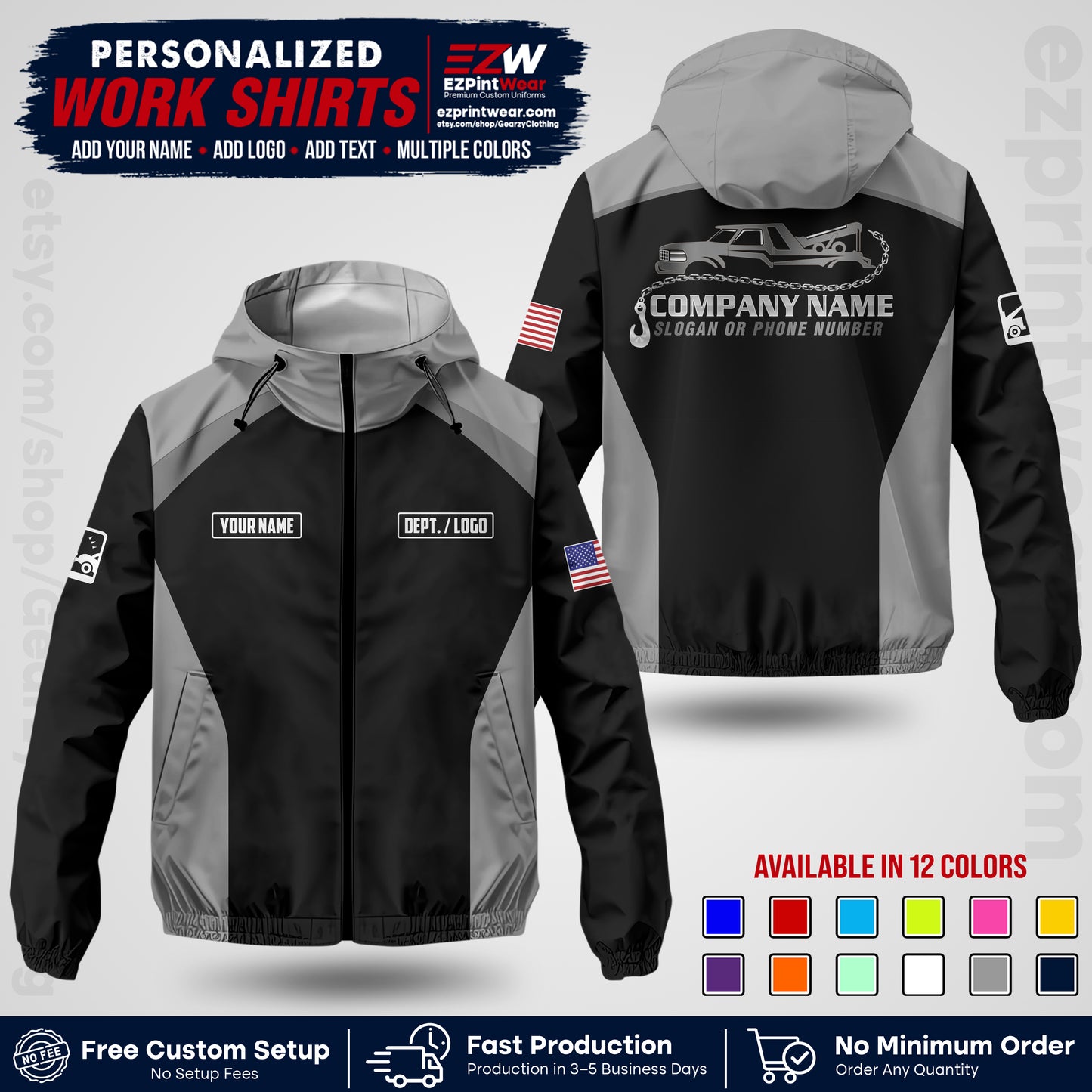 Custom Towing Windbreaker Jacket with Name, Logo & Text | Towing Company Uniform | Workwear TWJK 01