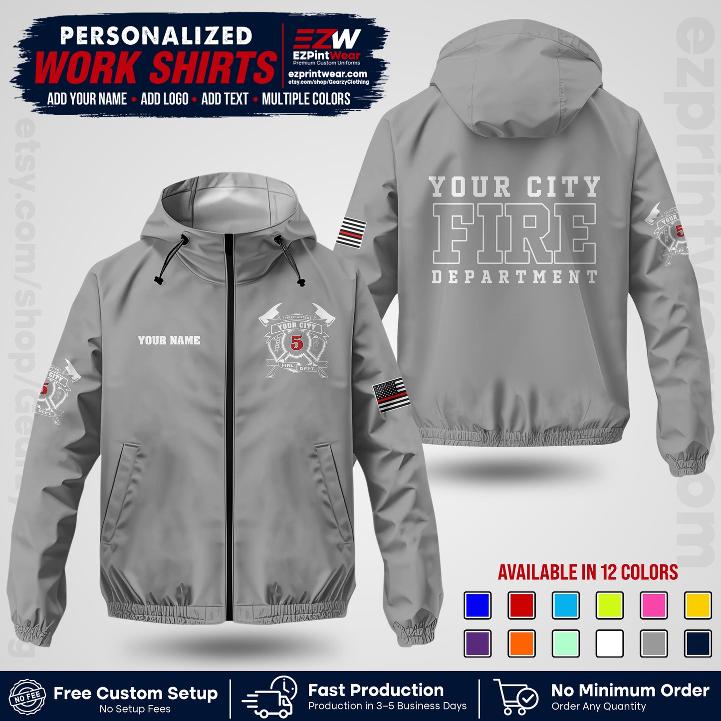 Custom Firefighter Windbreaker Jacket with Name, City Logo & Text | Fire Department Uniform | Employee Workwear FFJK07