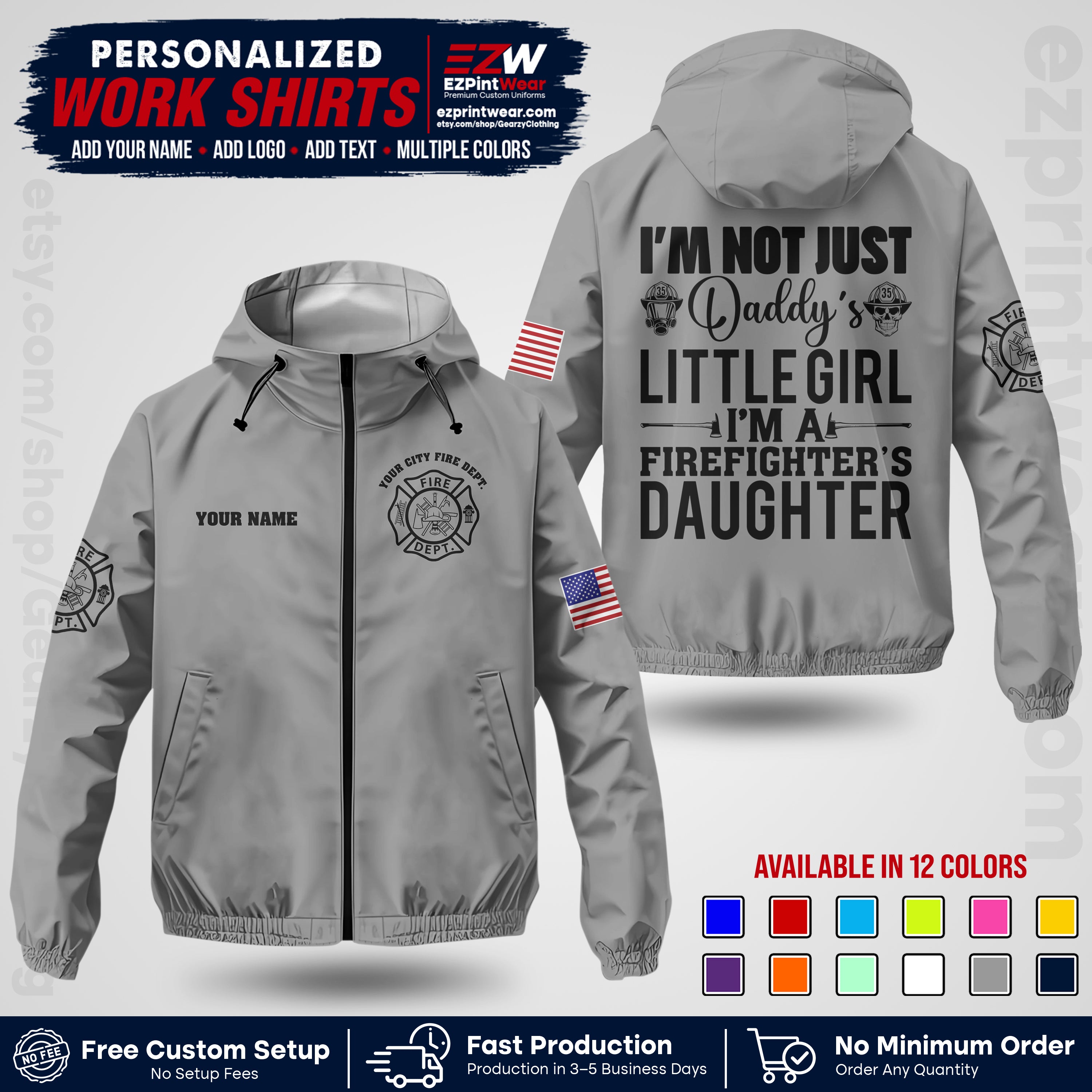 Custom Firefighter Windbreaker Jacket with Name, City Logo & Text | Fire Department Uniform | Employee Workwear FFJK08