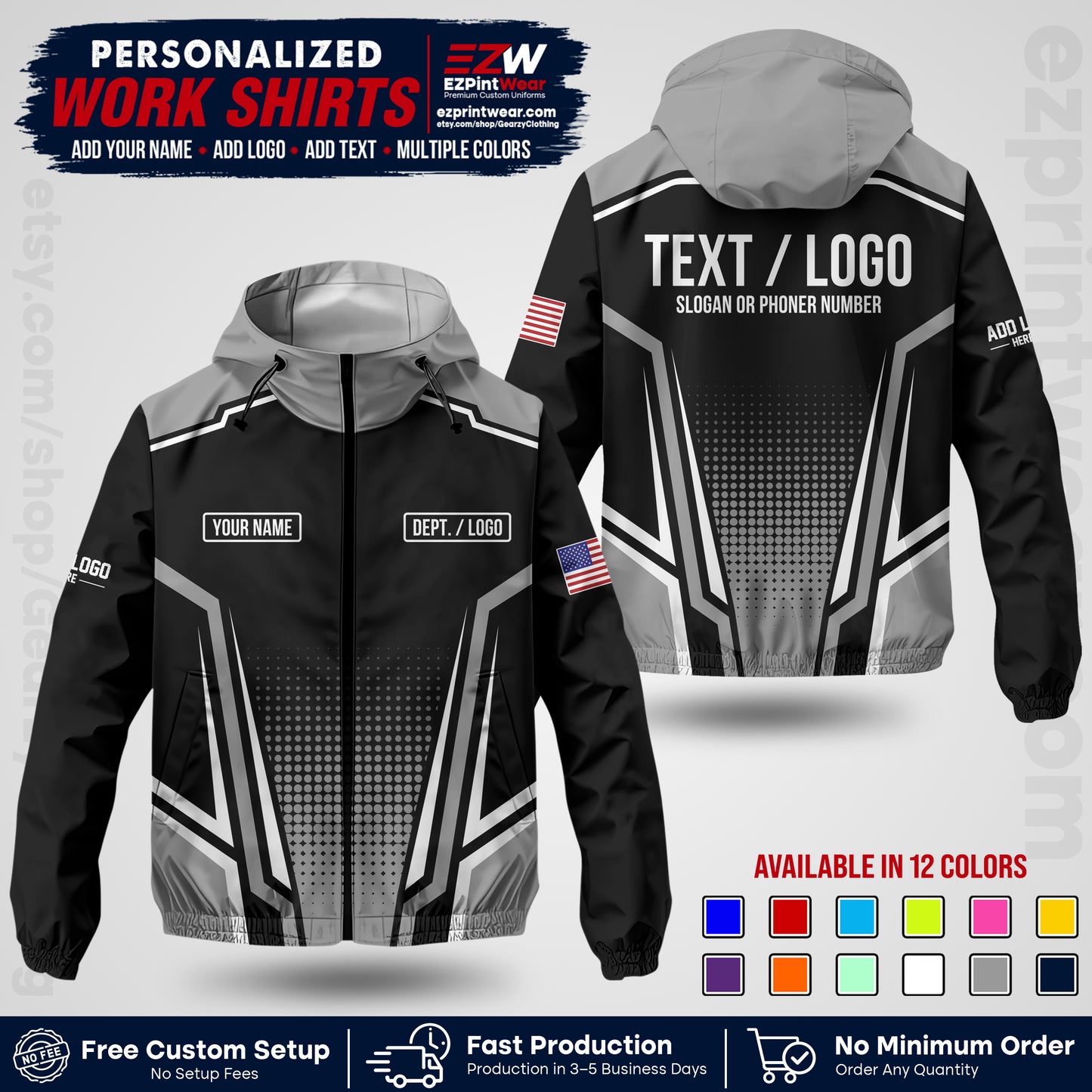 Custom Windbreaker Jacket with Name, Logo & Text, All Over Print Company Workwear, Employee Uniform WBJK17