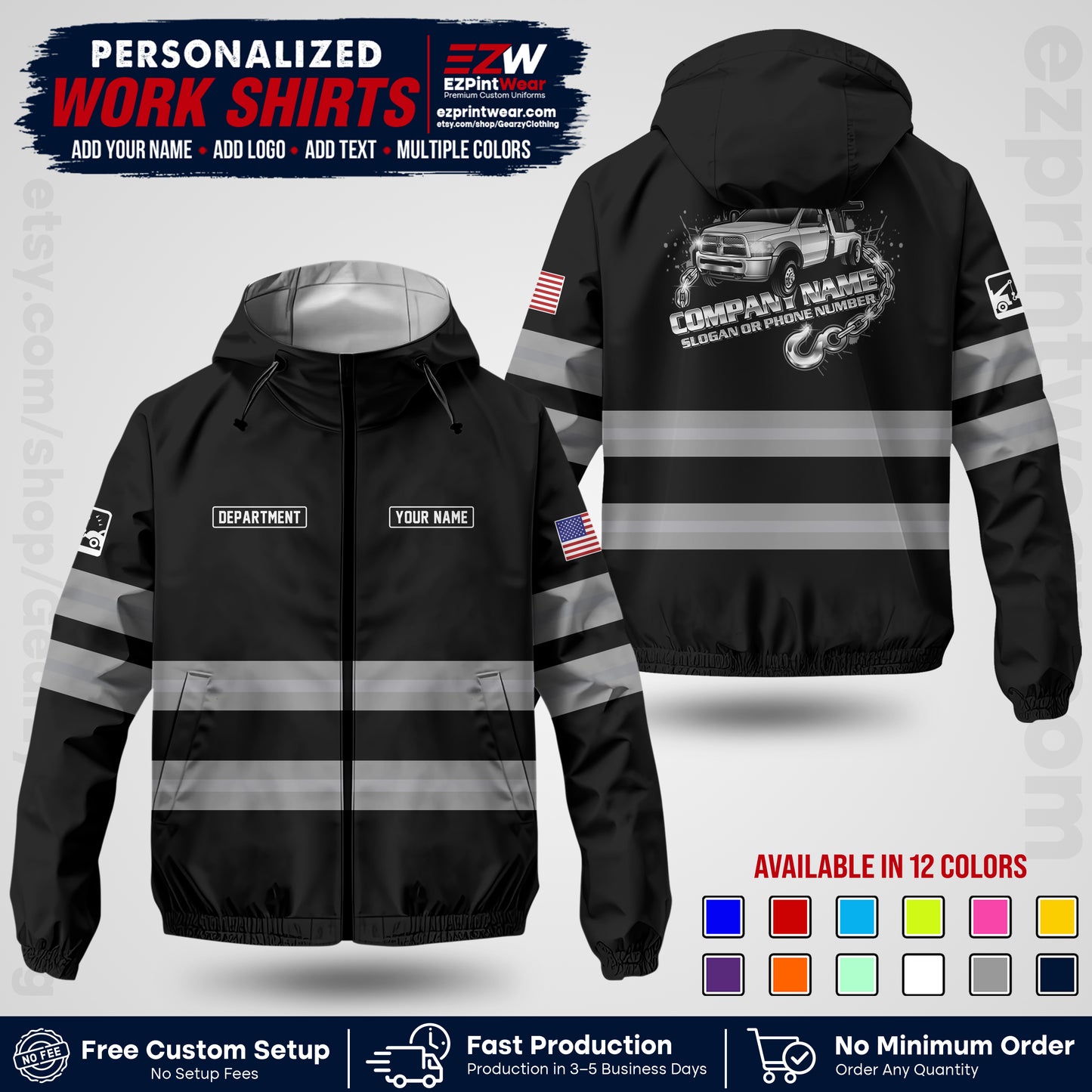 Custom Towing Windbreaker Jacket | Personalized Tow Truck Workwear | Non-Reflective Safety Stripe Jacket | Add Name Logo Text | Custom Windbreaker Jacket | Tow Truck Jacket TWJK 05