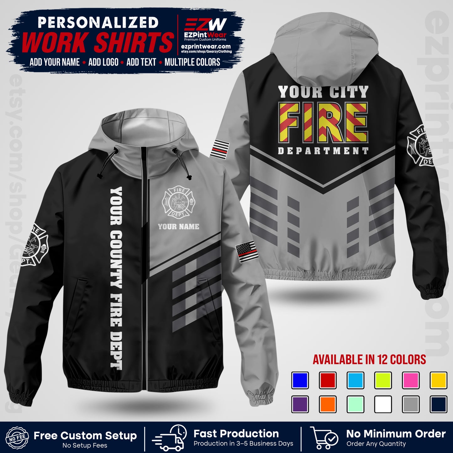 Custom Firefighter Windbreaker Jacket with Name, City Logo & Text | Fire Department Uniform | Employee Workwear FFJK06