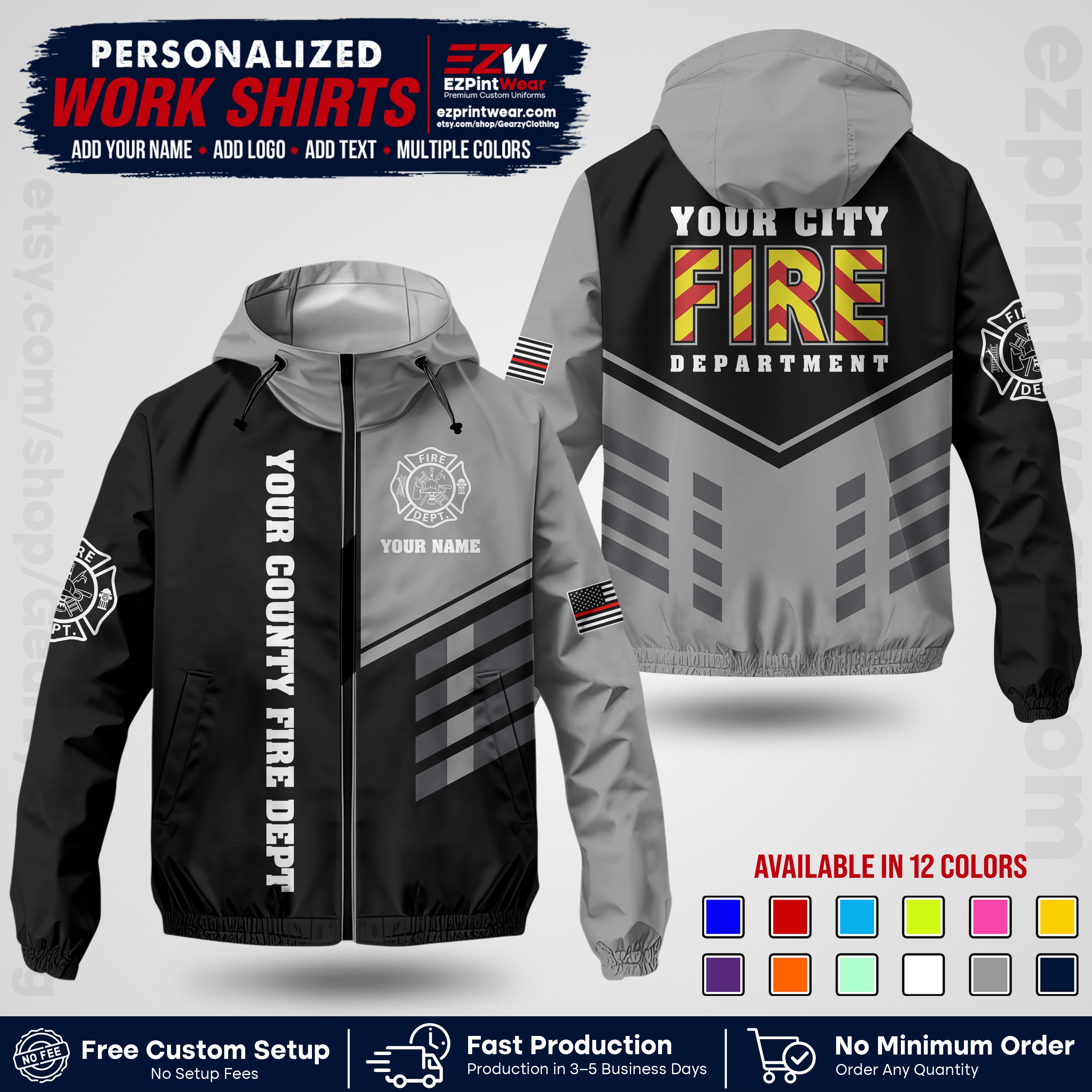 Custom Firefighter Windbreaker Jacket with Name, City Logo & Text | Fire Department Uniform | Employee Workwear FFJK06