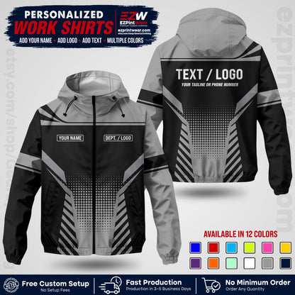 Custom Windbreaker Jacket with Name, Logo & Text, All Over Print Company Workwear, Employee Uniform WBJK08