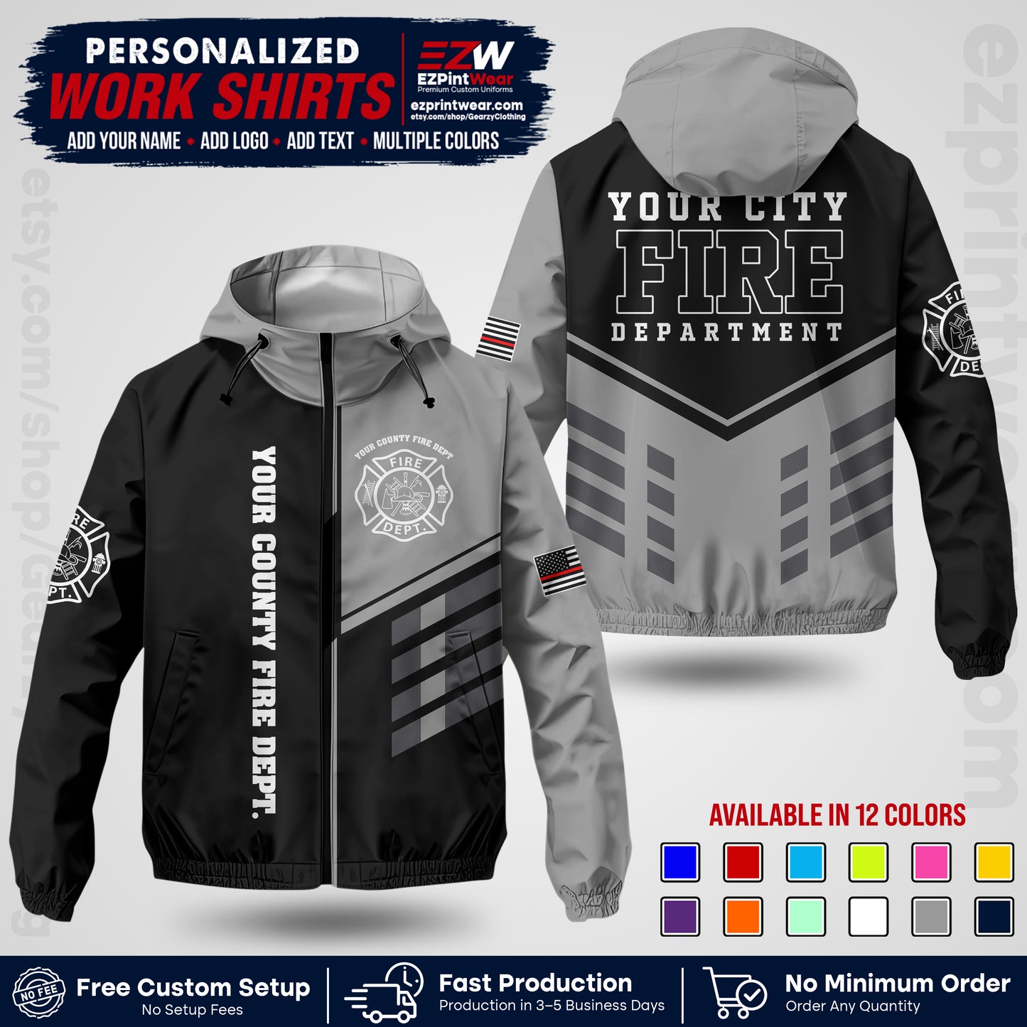 Custom Firefighter Windbreaker Jacket with Name, City Logo & Text | Fire Department Uniform | Employee Workwear FFJK03