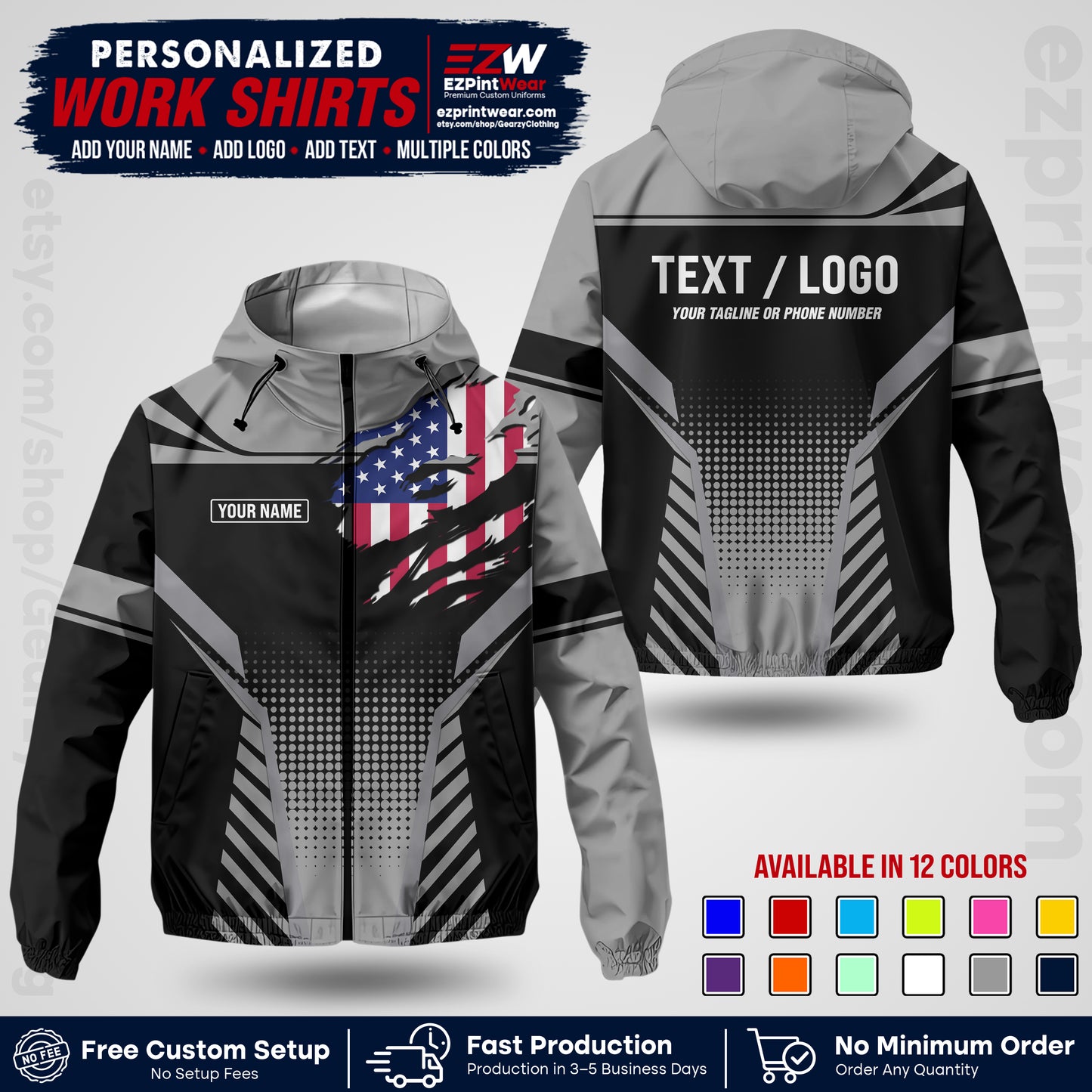 Custom Windbreaker Jacket with Name, Logo & Text, All Over Print Company Workwear, Employee Uniform WBJK07
