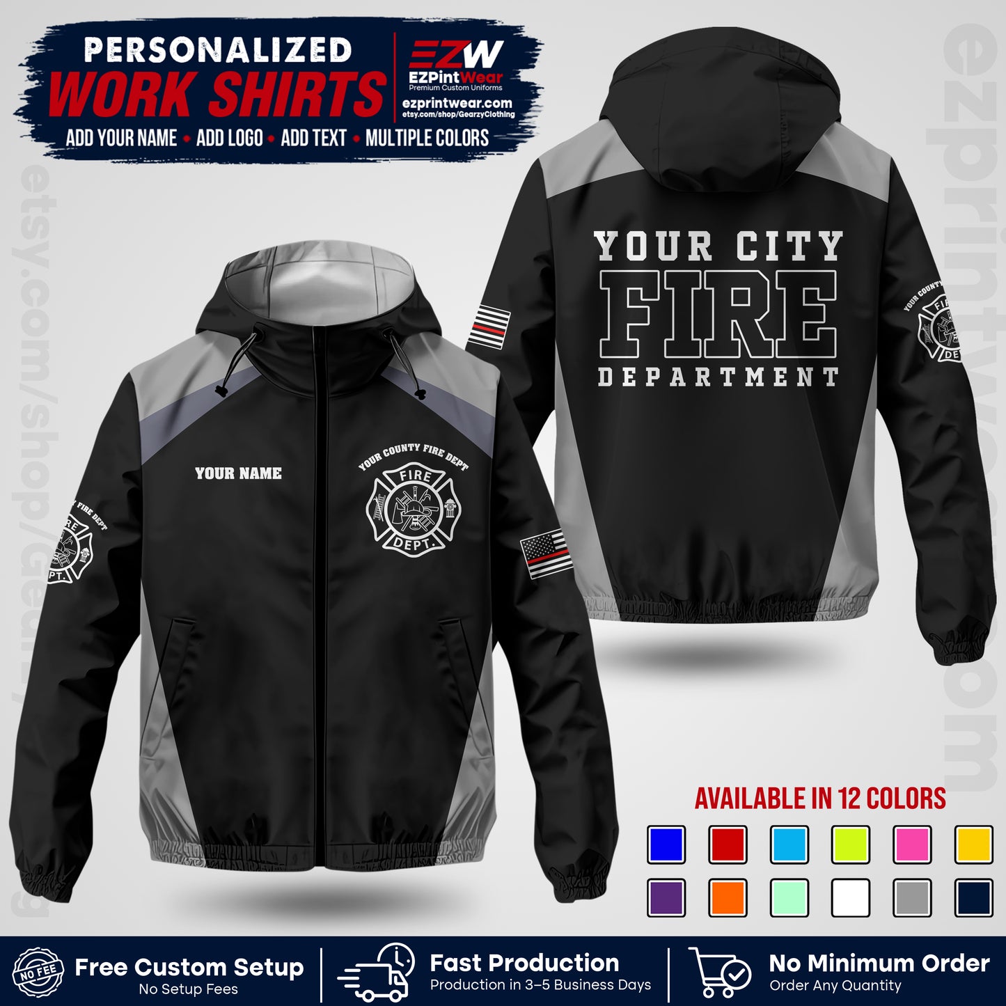 Custom Firefighter Windbreaker Jacket with Name, City Logo & Text | Fire Department Uniform | Employee Workwear FFJK04