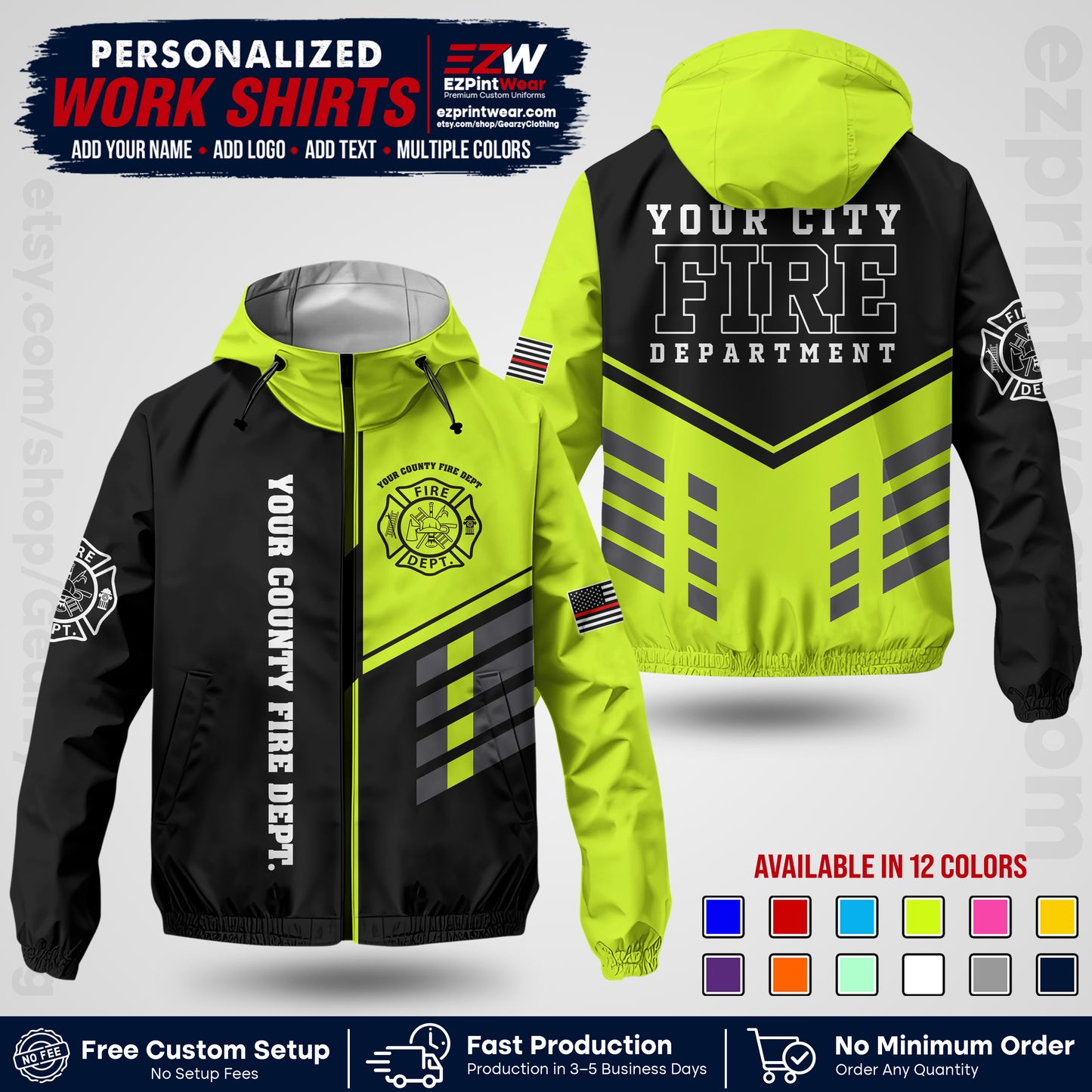 Custom Firefighter Windbreaker Jacket with Name, City Logo & Text | Fire Department Uniform | Employee Workwear FFJK03