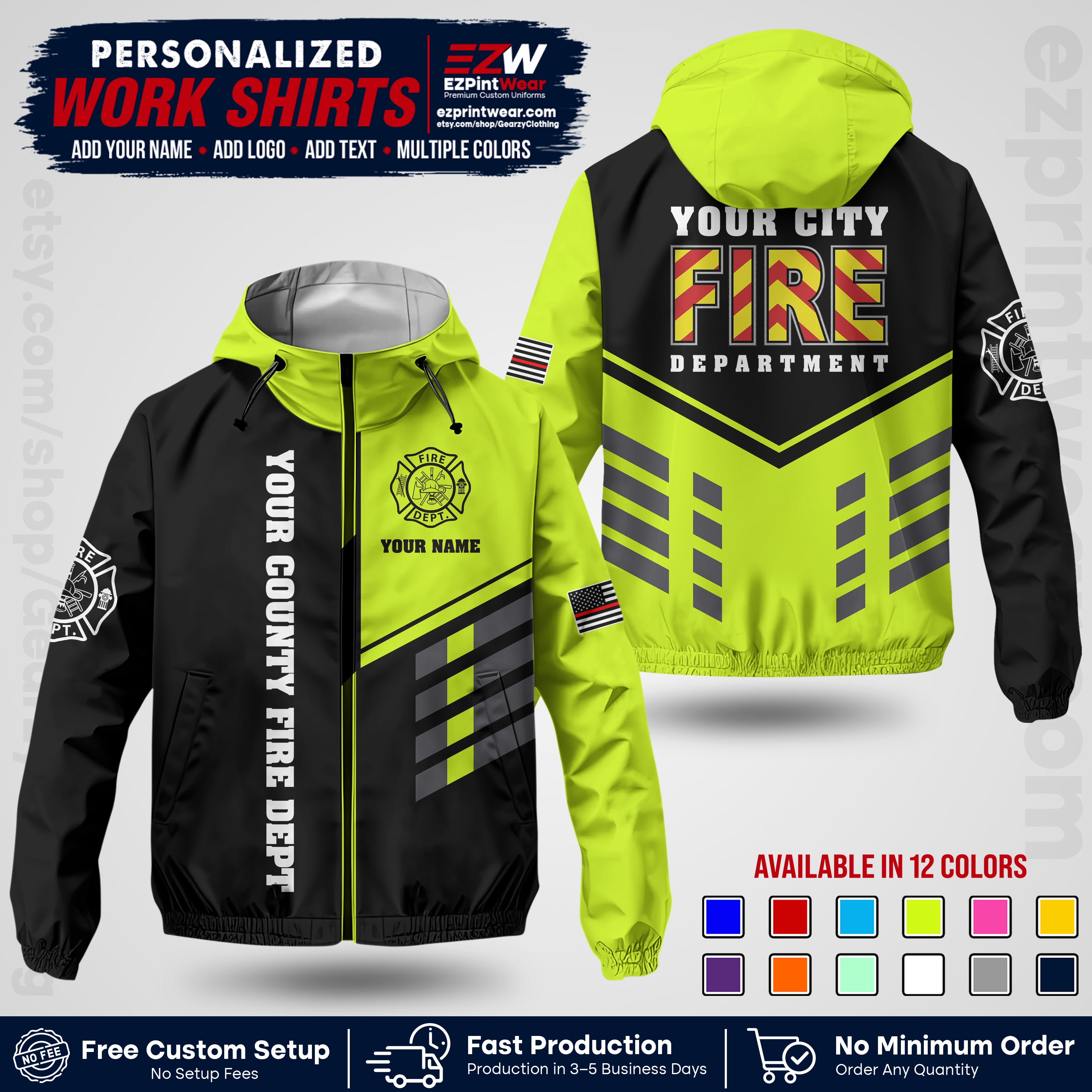 Custom Firefighter Windbreaker Jacket with Name, City Logo & Text | Fire Department Uniform | Employee Workwear FFJK06
