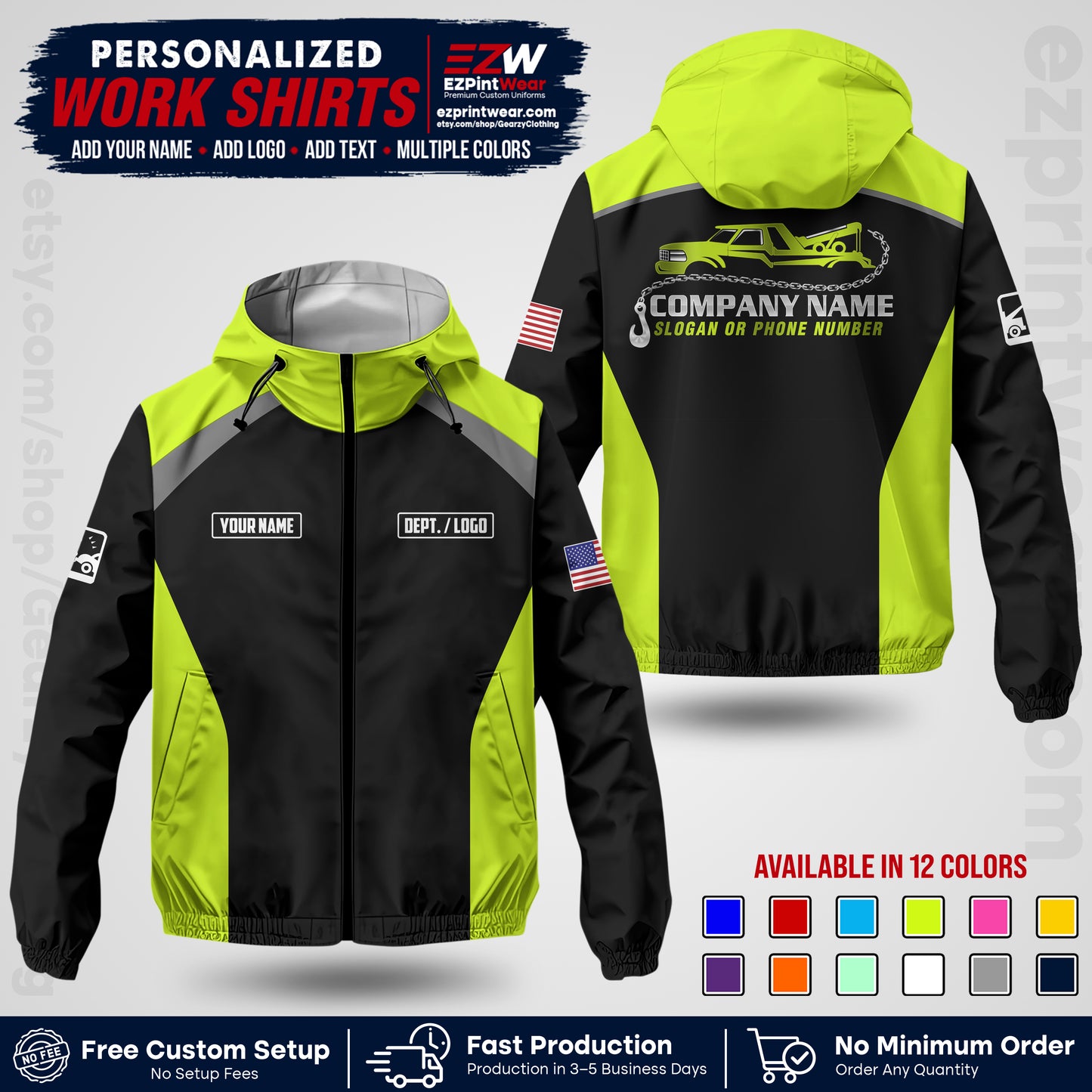 Custom Towing Windbreaker Jacket with Name, Logo & Text | Towing Company Uniform | Workwear TWJK 01