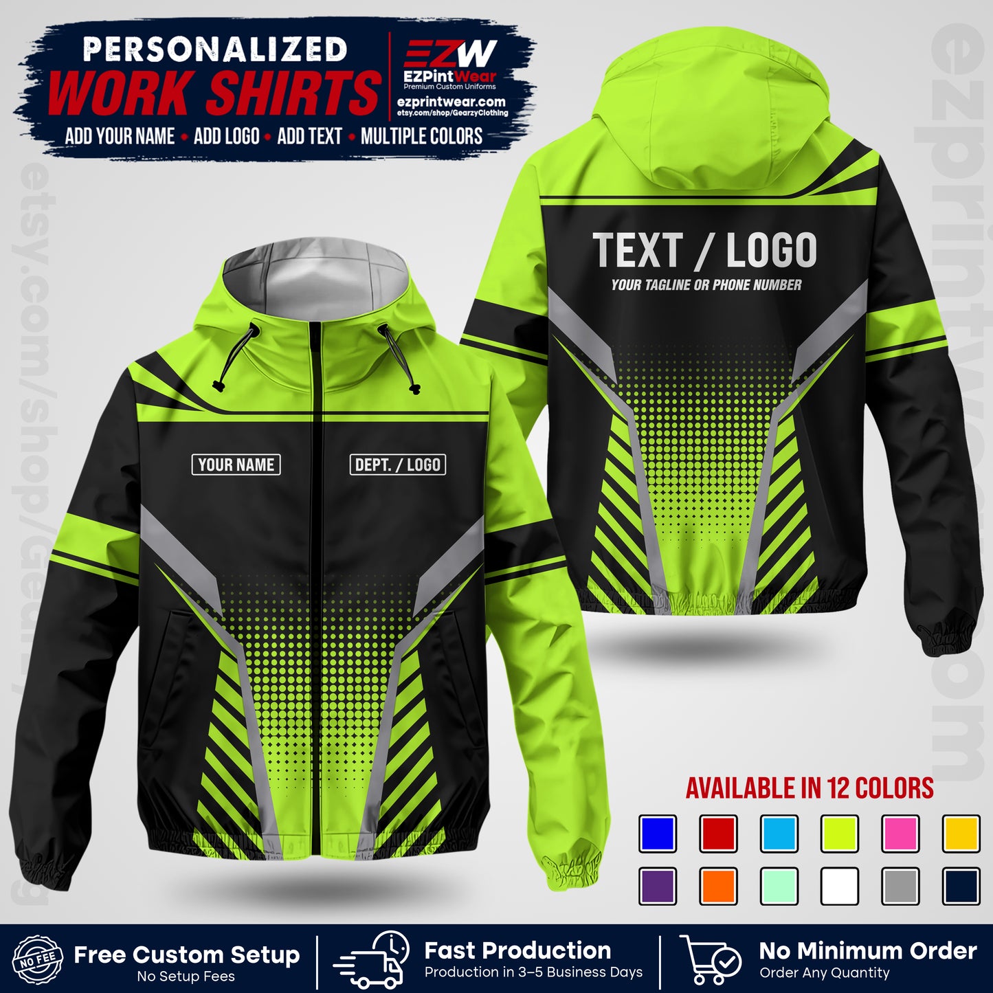 Custom Windbreaker Jacket with Name, Logo & Text, All Over Print Company Workwear, Employee Uniform WBJK08