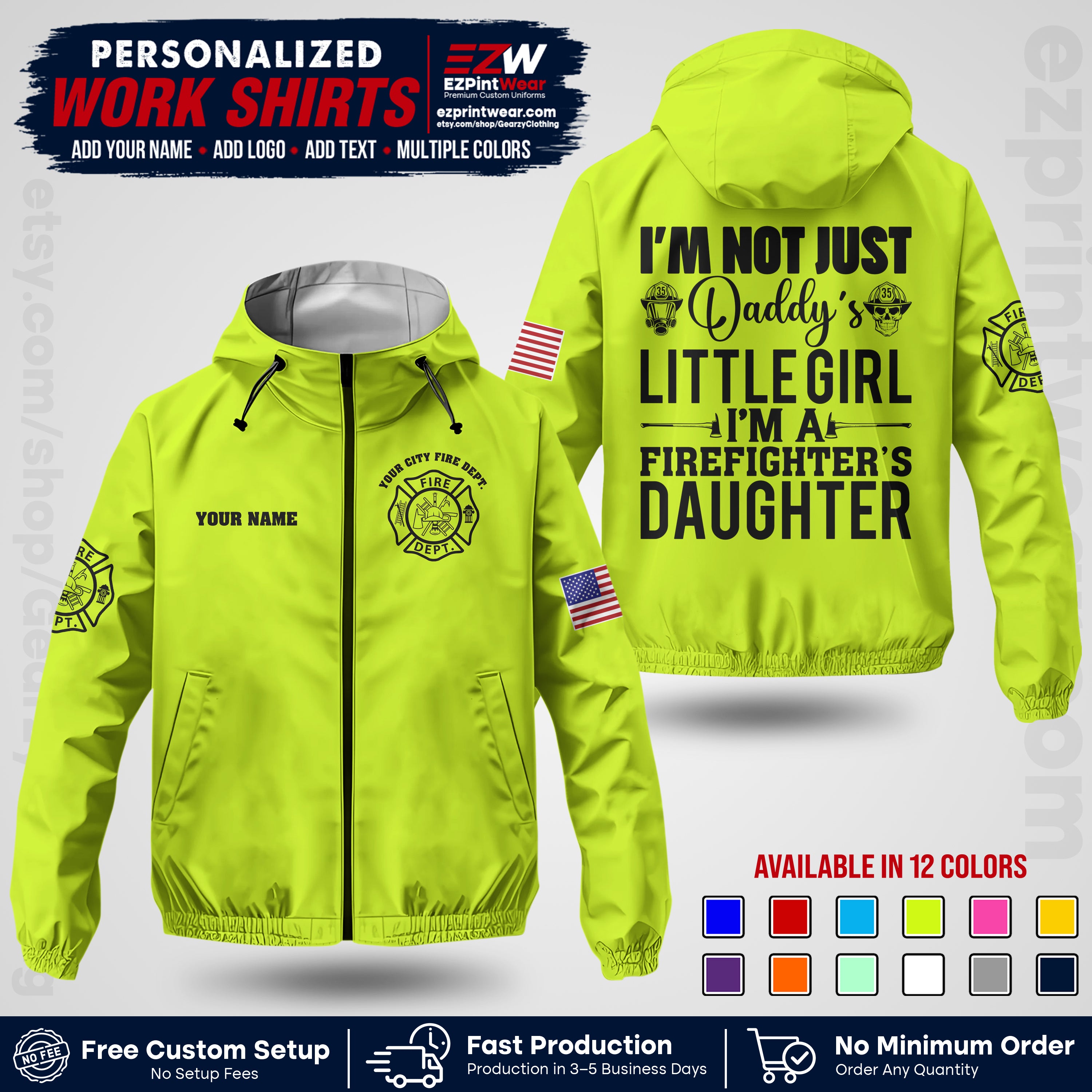 Custom Firefighter Windbreaker Jacket with Name, City Logo & Text | Fire Department Uniform | Employee Workwear FFJK08
