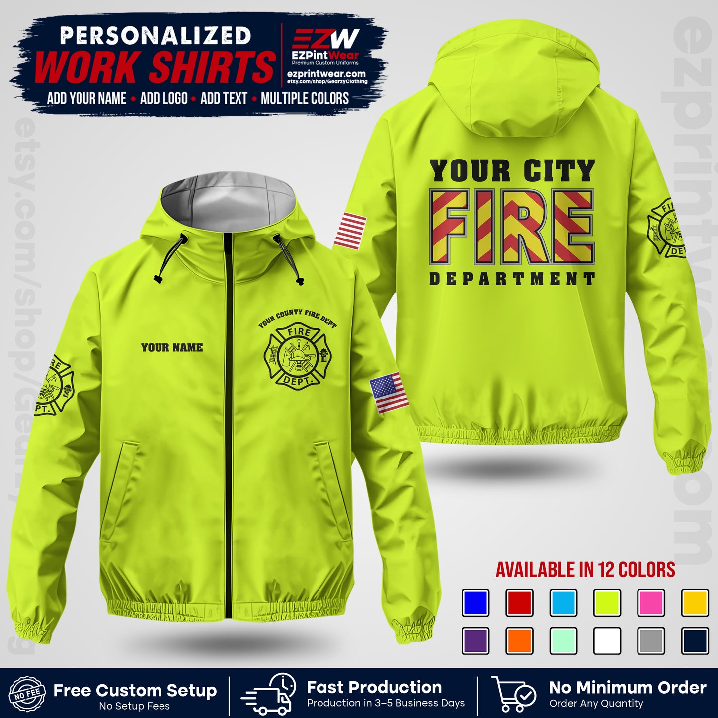 Custom Firefighter Windbreaker Jacket with Name, City Logo & Text | Fire Department Uniform | Employee Workwear FFJK05