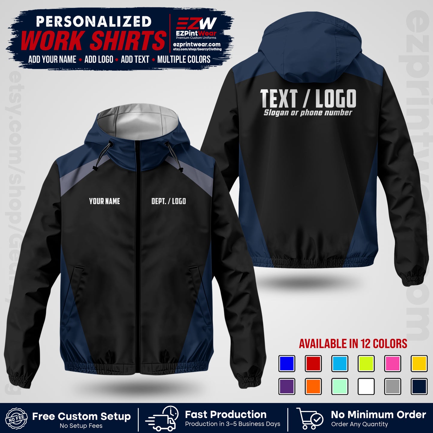 Custom Windbreaker Jacket with Name, Logo & Text, All Over Print Company Workwear, Employee Uniform WBJK03