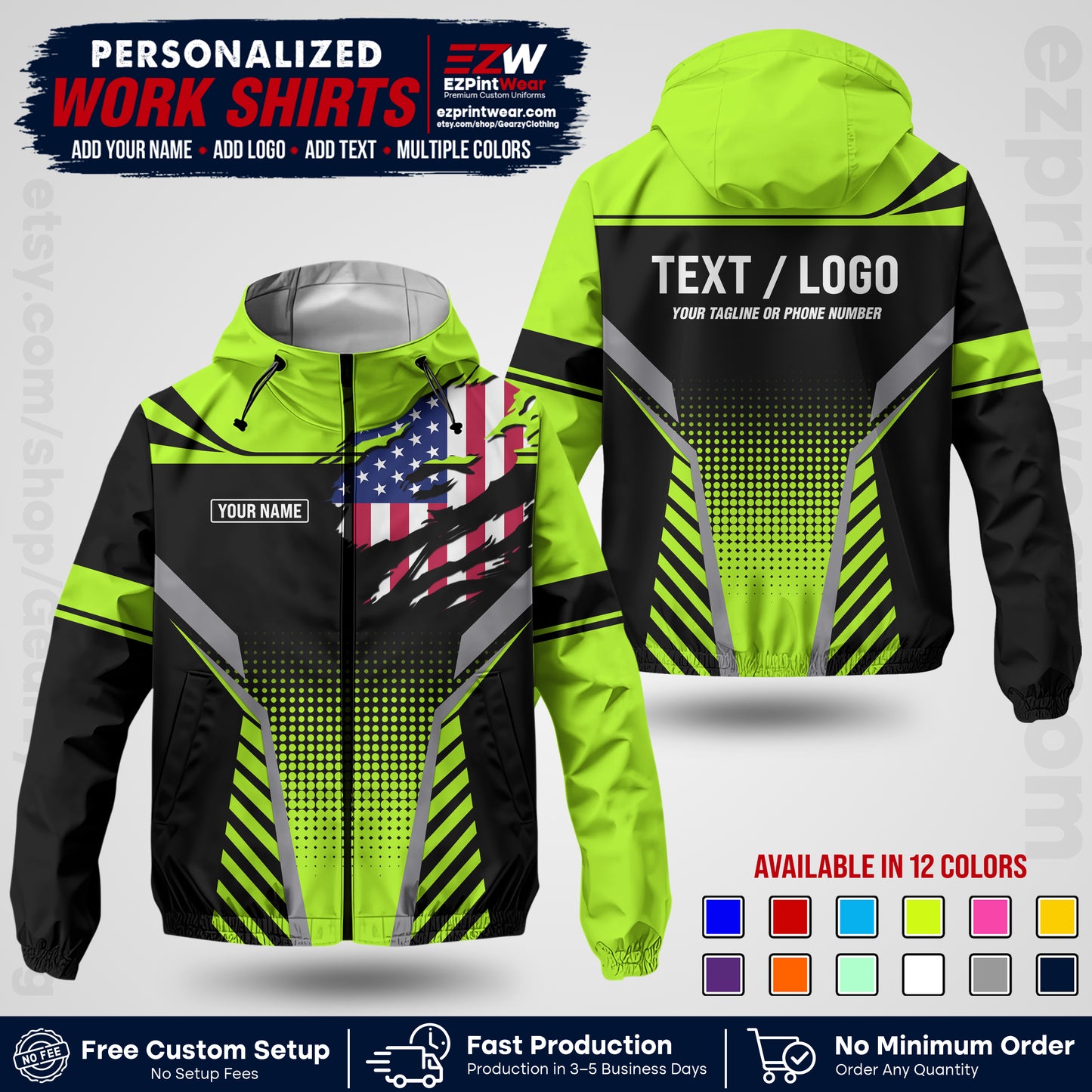 Custom Windbreaker Jacket with Name, Logo & Text, All Over Print Company Workwear, Employee Uniform WBJK07