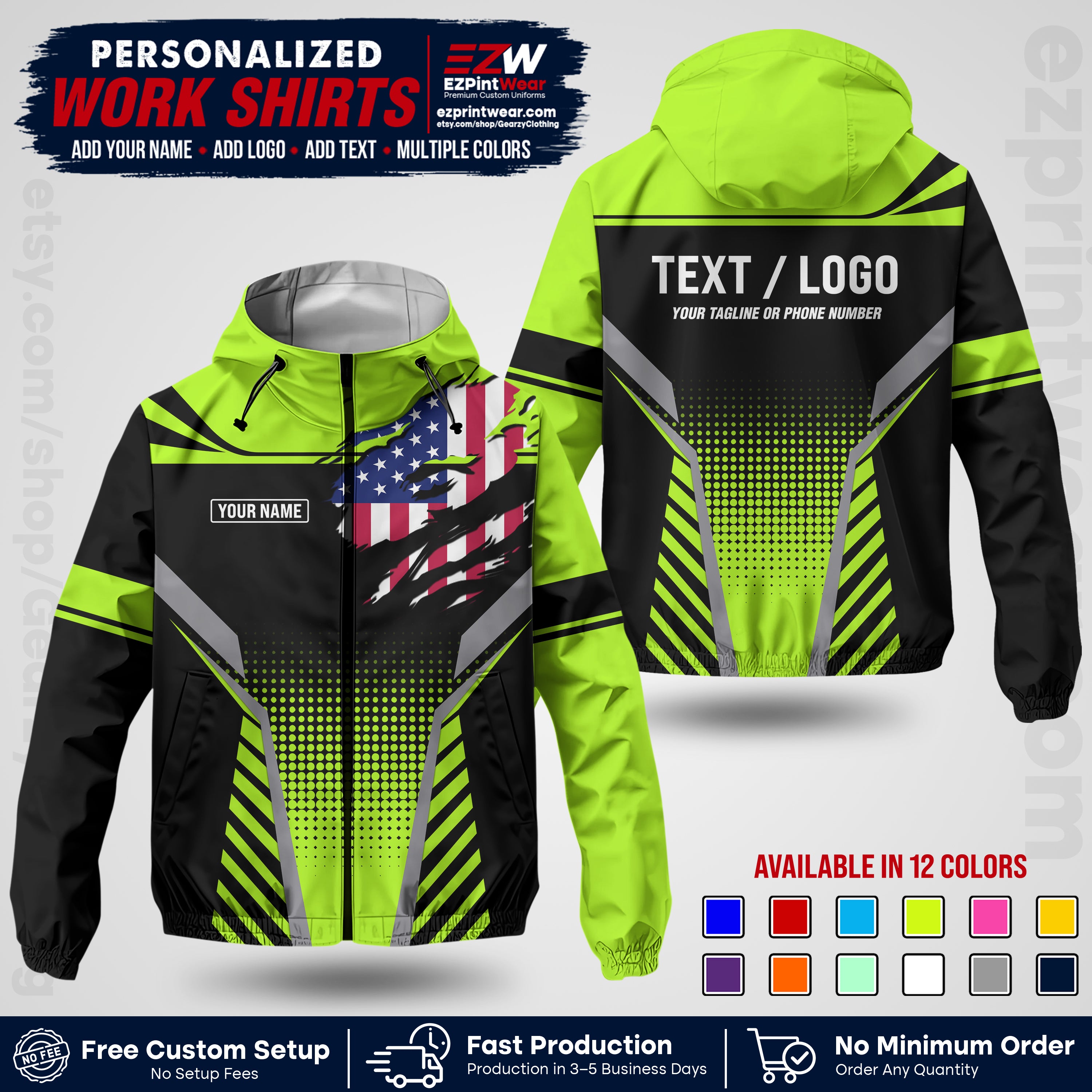 Custom Windbreaker Jacket with Name, Logo & Text, All Over Print Company Workwear, Employee Uniform WBJK07