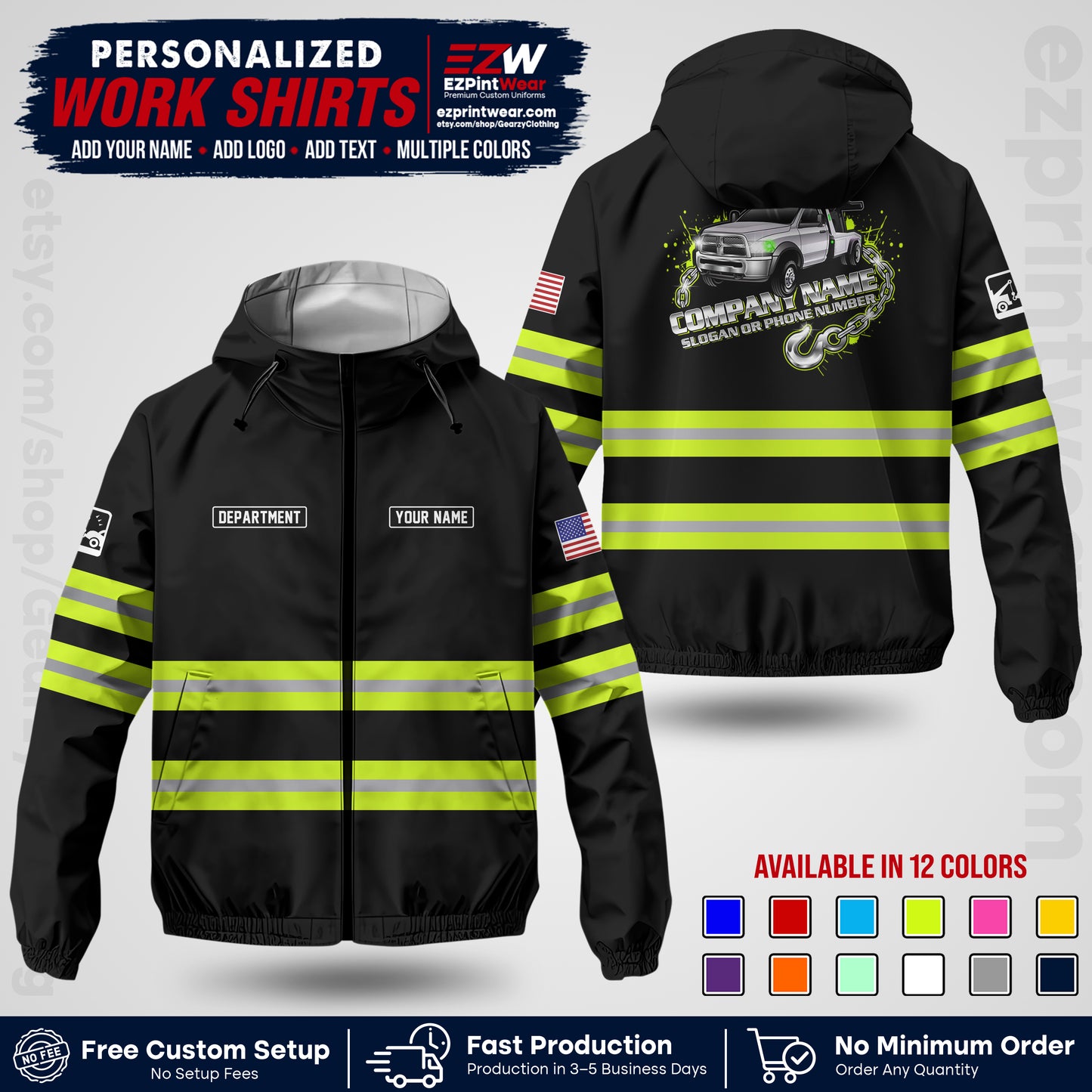 Custom Towing Windbreaker Jacket | Personalized Tow Truck Workwear | Non-Reflective Safety Stripe Jacket | Add Name Logo Text | Custom Windbreaker Jacket | Tow Truck Jacket TWJK 05