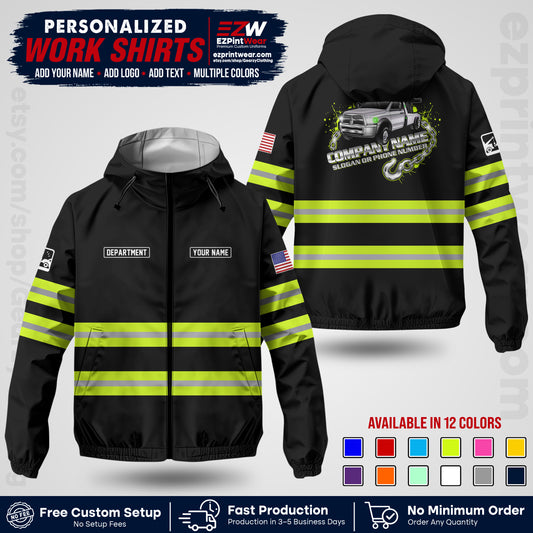 Custom Towing Windbreaker Jacket | Personalized Tow Truck Workwear | Non-Reflective Safety Stripe Jacket | Add Name Logo Text | Custom Windbreaker Jacket | Tow Truck Jacket TWJK 05