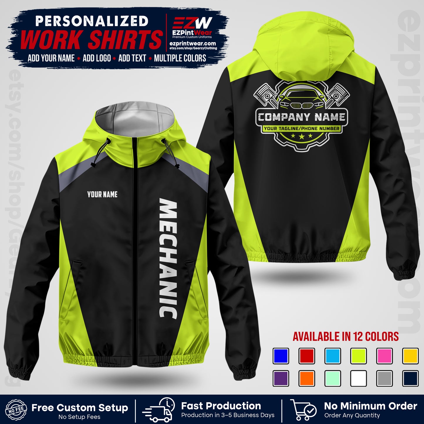 Custom Mechanic Work Shirt with Name, Logo & Text | Auto Shop Uniform | Company Workwear | Employee Uniform MCNJK02