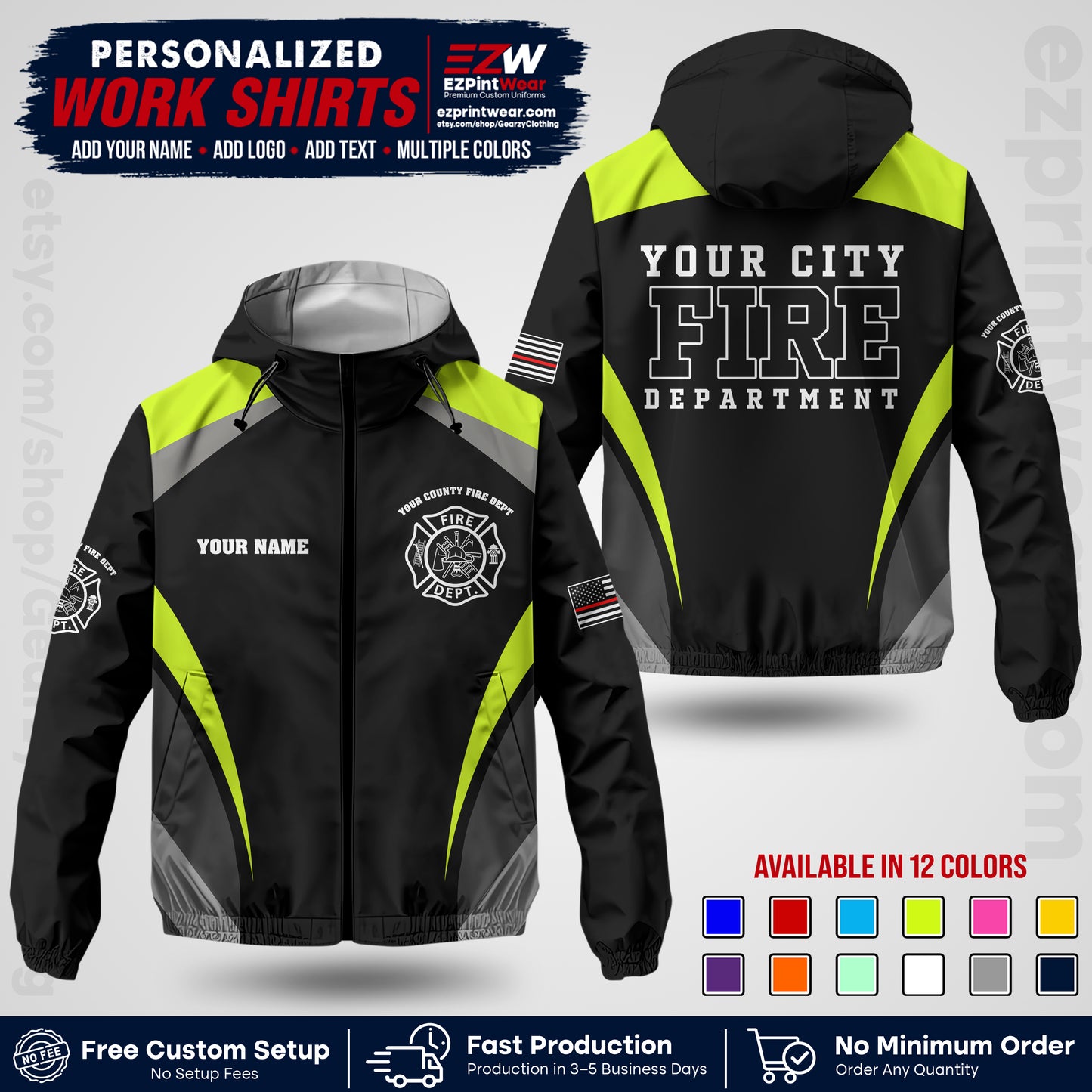 Custom Firefighter Windbreaker Jacket with Name, City Logo & Text | Fire Department Uniform | Employee Workwear FFJK02