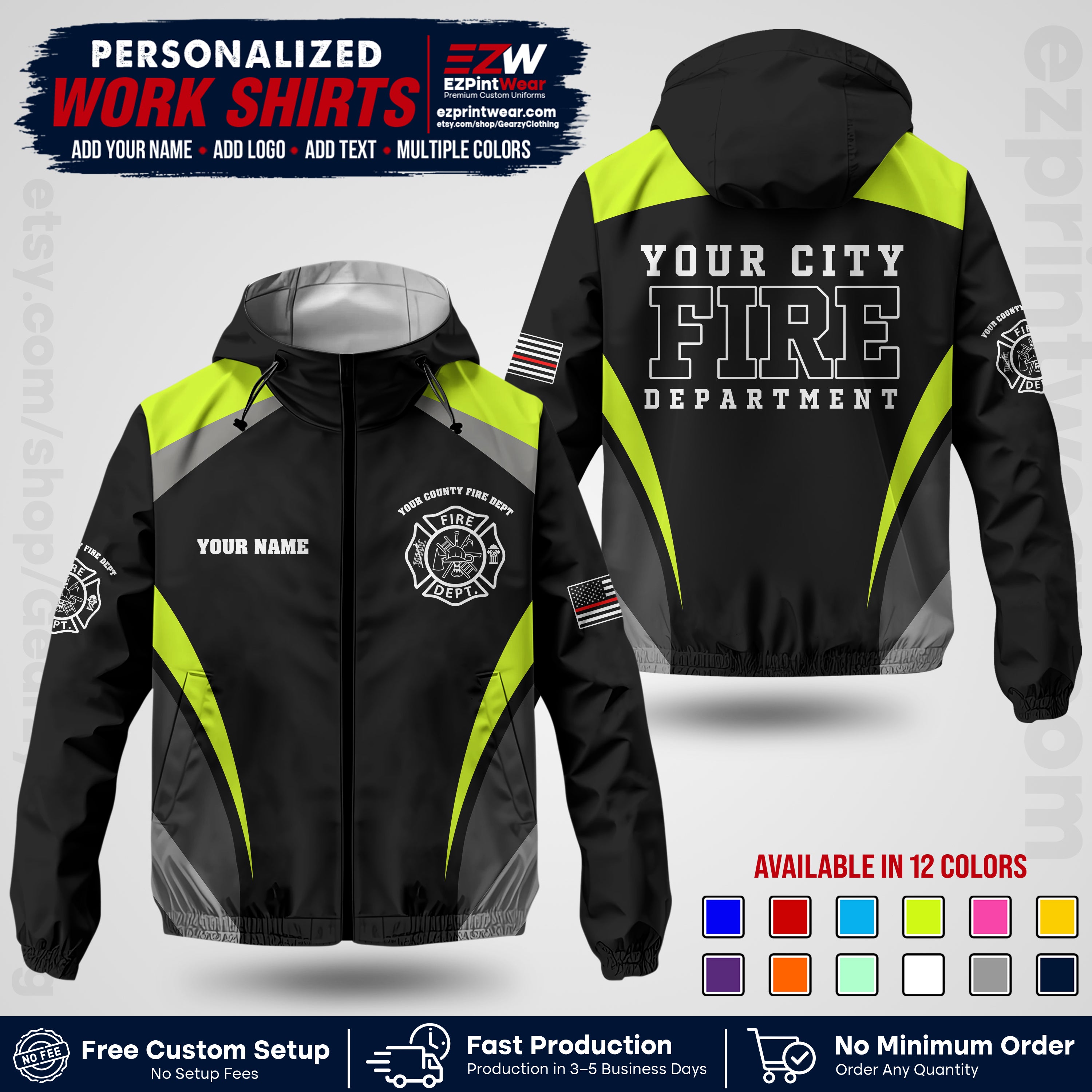 Custom Firefighter Windbreaker Jacket with Name, City Logo & Text | Fire Department Uniform | Employee Workwear FFJK02