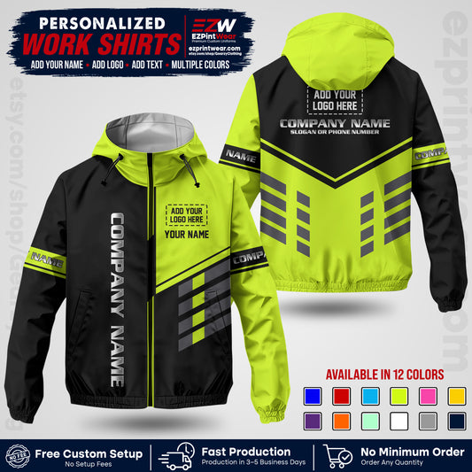 Custom Windbreaker Jacket with Name, Logo & Text, All Over Print Company Workwear, Employee Uniform WBJK09