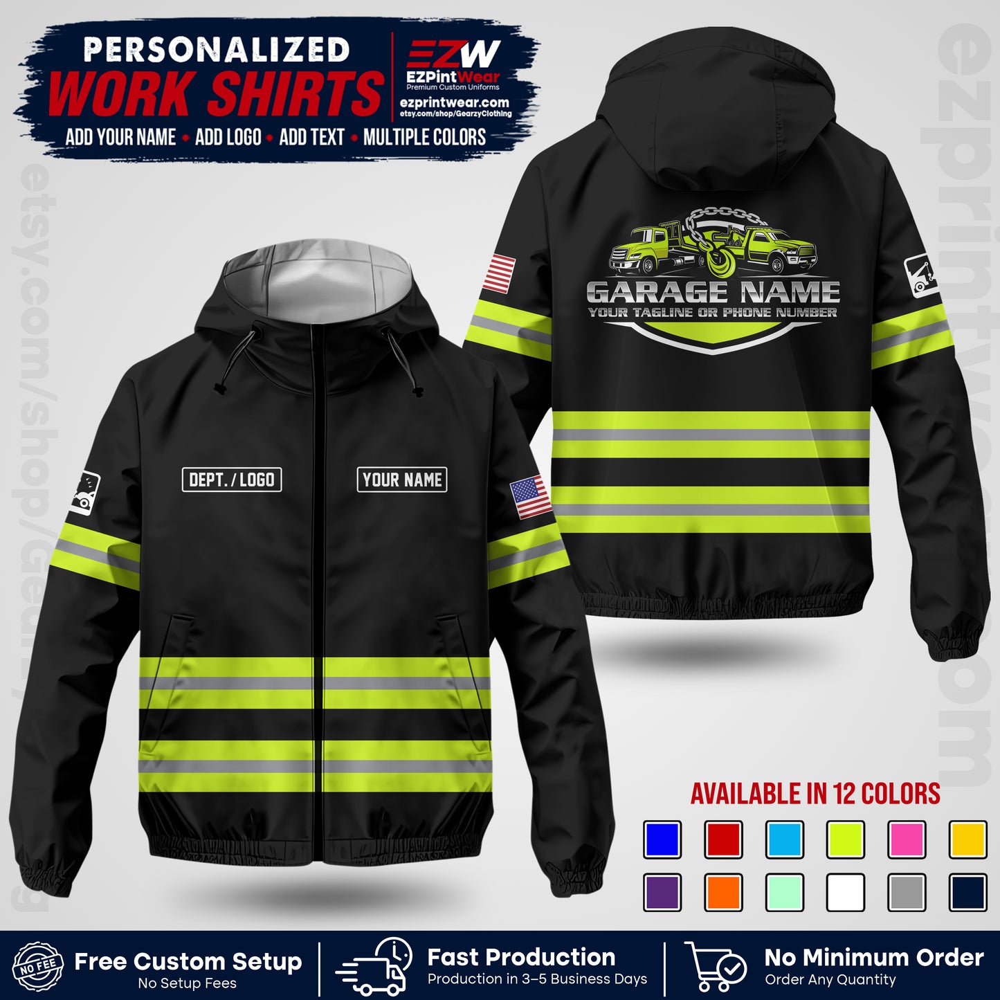 Custom Towing Windbreaker Jacket | Personalized Tow Truck Workwear | Non-Reflective Safety Stripe Jacket | Add Name Logo Text | Custom Windbreaker Jacket | Tow Truck Jacket TWJK 03