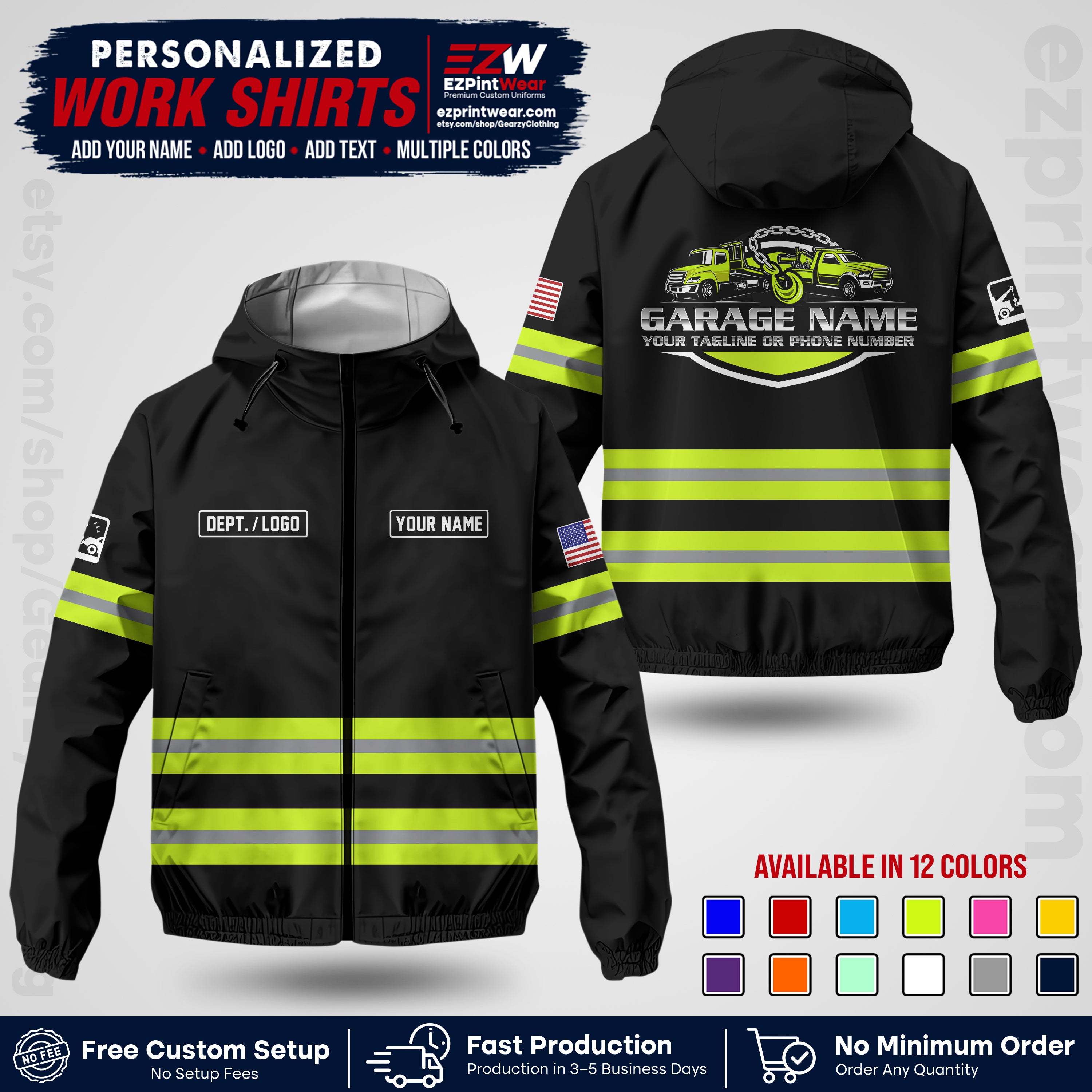 Custom Towing Windbreaker Jacket | Personalized Tow Truck Workwear | Non-Reflective Safety Stripe Jacket | Add Name Logo Text | Custom Windbreaker Jacket | Tow Truck Jacket TWJK 03