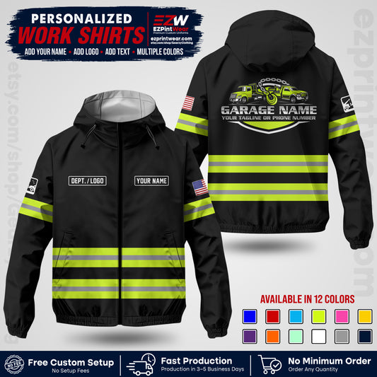 Custom Towing Windbreaker Jacket | Personalized Tow Truck Workwear | Non-Reflective Safety Stripe Jacket | Add Name Logo Text | Custom Windbreaker Jacket | Tow Truck Jacket TWJK 03