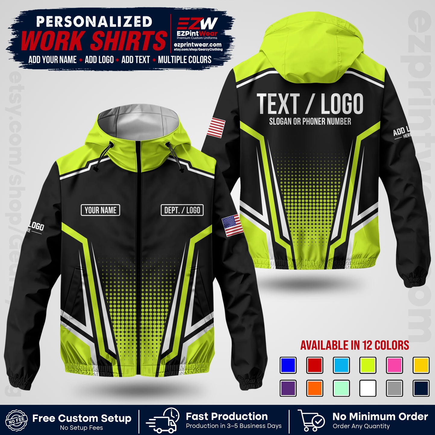 Custom Windbreaker Jacket with Name, Logo & Text, All Over Print Company Workwear, Employee Uniform WBJK17