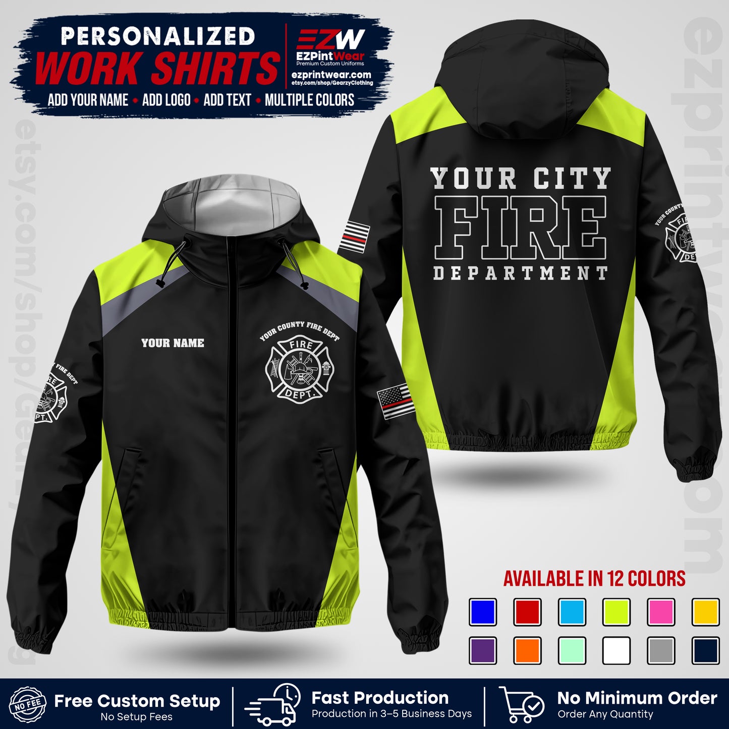 Custom Firefighter Windbreaker Jacket with Name, City Logo & Text | Fire Department Uniform | Employee Workwear FFJK04