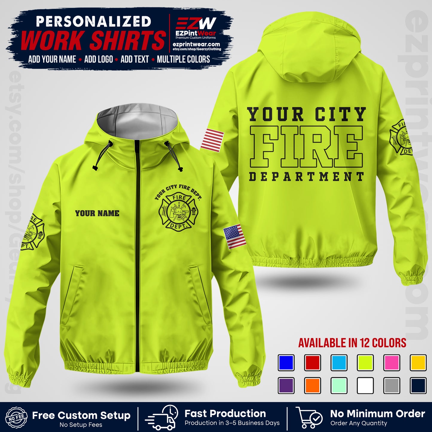 Custom Firefighter Windbreaker Jacket with Name, City Logo & Text | Fire Department Uniform | Employee Workwear FFJK01